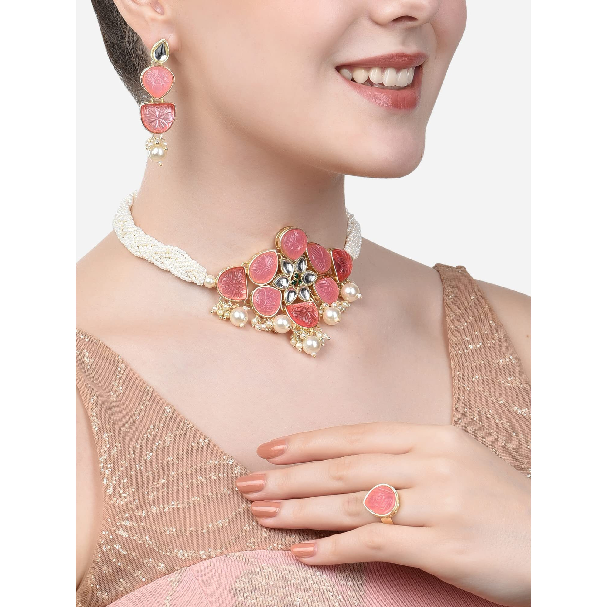 ZAVERI PEARLS Pink Flower Stones Ethnic Pearl Choker Necklace Earring & Ring Set For Women-ZPFK14630