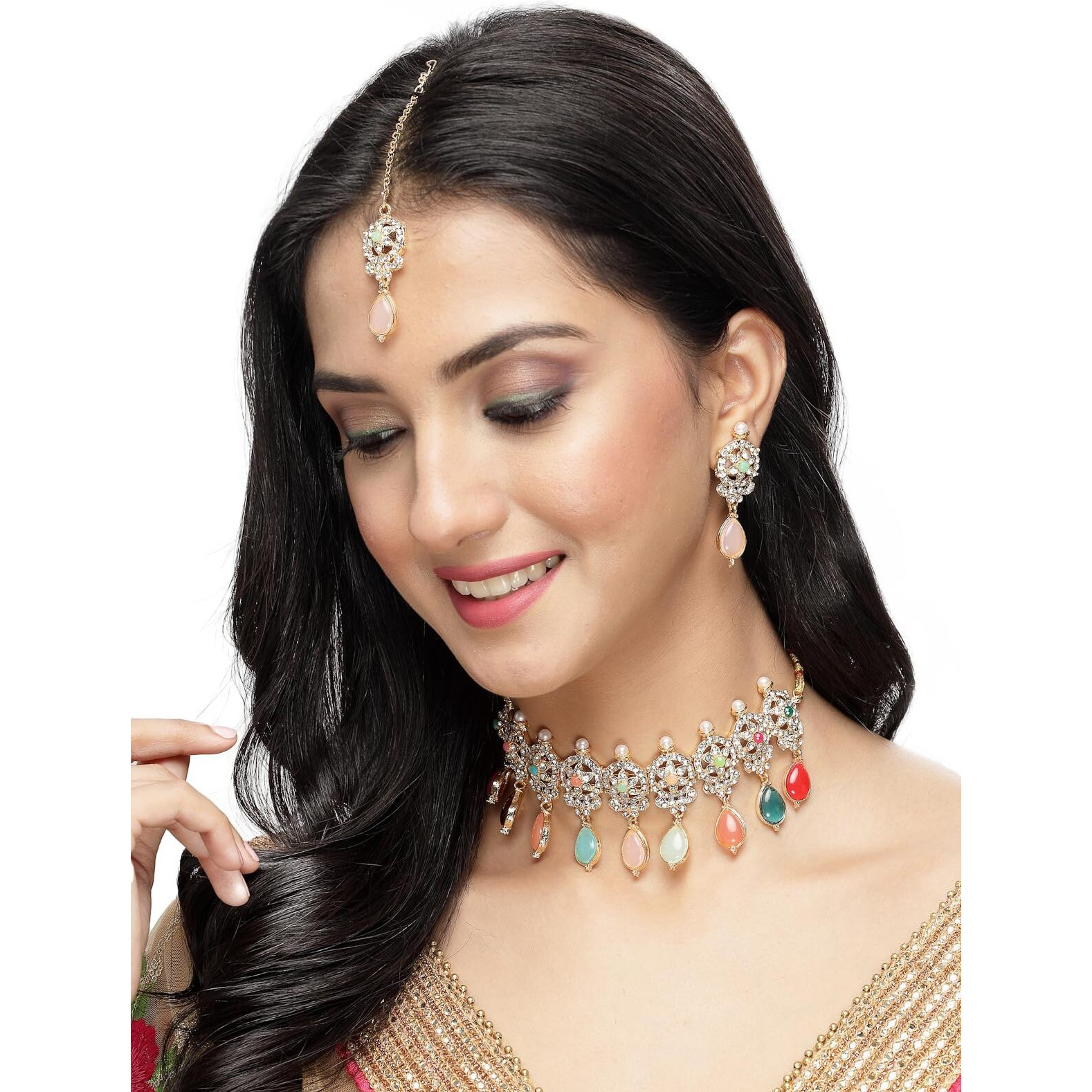 Sukkhi Terrific Gold Plated Multi AD Stones & Beads Choker Necklace Set With Earring And Maangtika | Jewellery Set For Women (NS105563)