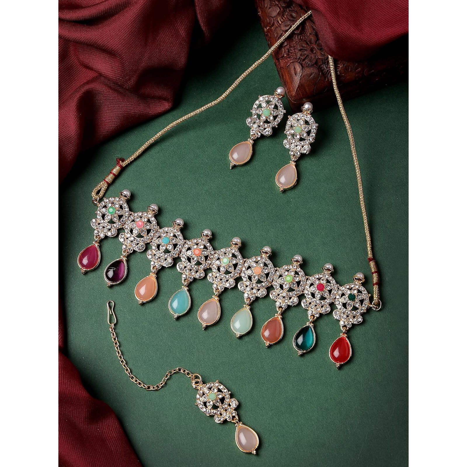 Sukkhi Terrific Gold Plated Multi AD Stones & Beads Choker Necklace Set With Earring And Maangtika | Jewellery Set For Women (NS105563)