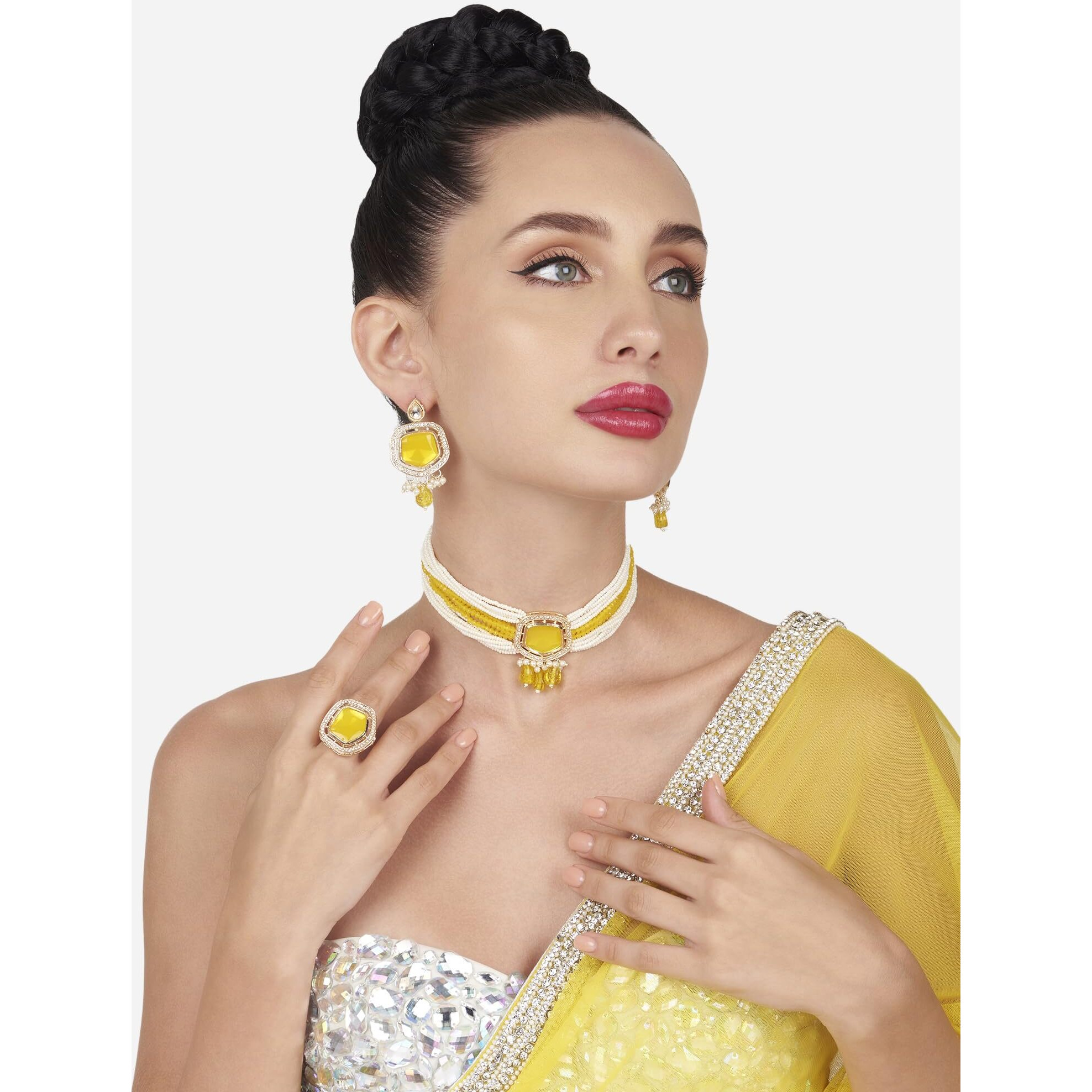 ZAVERI PEARLS Yellow Crystal Multistrand Choker Necklace Earring & Ring Set For Women -ZPFK16180