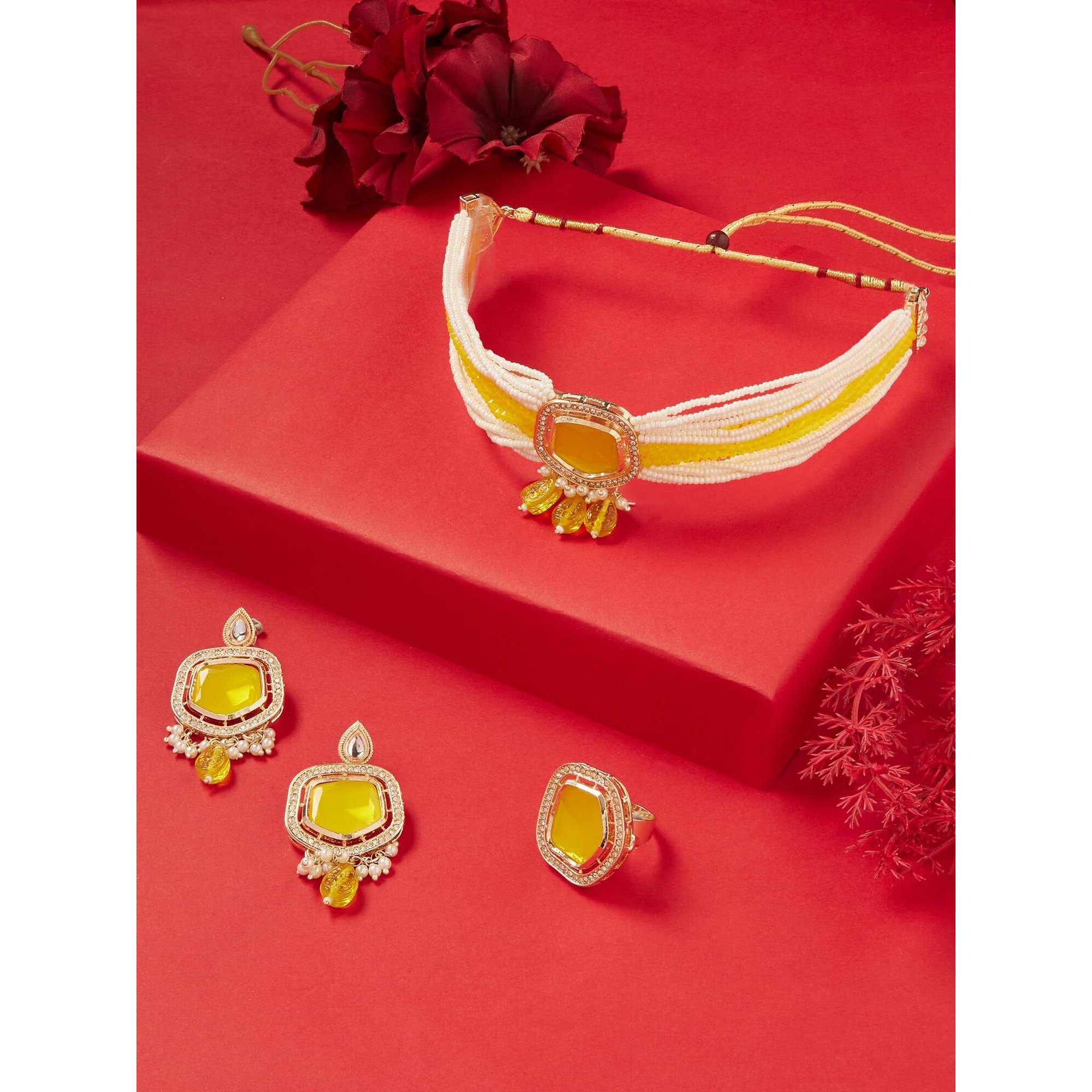 ZAVERI PEARLS Yellow Crystal Multistrand Choker Necklace Earring & Ring Set For Women -ZPFK16180