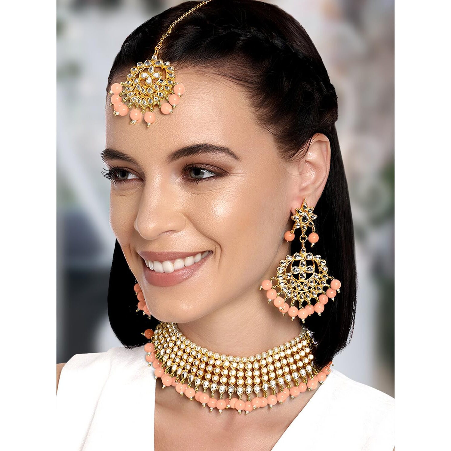 Peora 18K Gold Plated Traditional Kundan Peach Faux Pearl Choker Necklace with Earring Maang Tikka Jewellery Set for Women & Girls