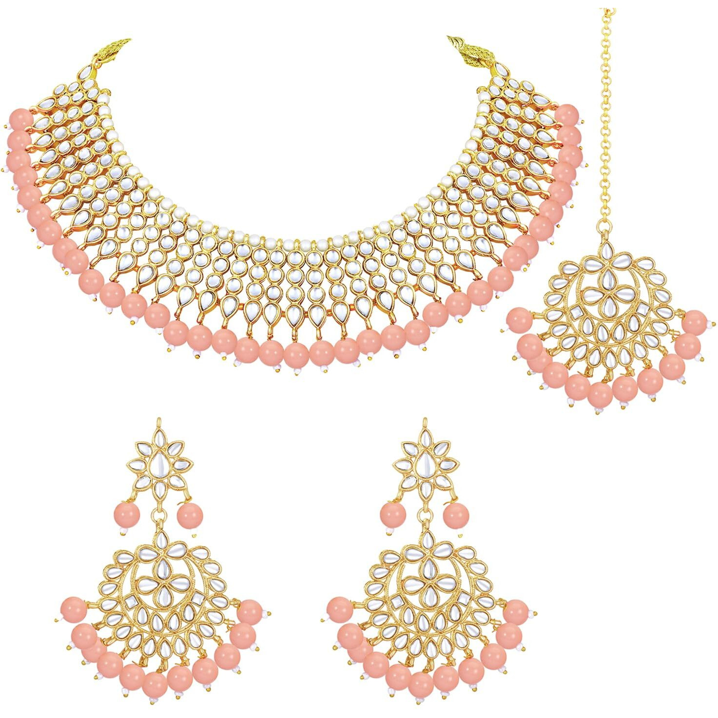 Peora 18K Gold Plated Traditional Kundan Peach Faux Pearl Choker Necklace with Earring Maang Tikka Jewellery Set for Women & Girls