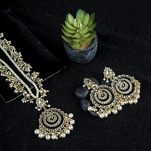 I Jewels 18k Gold Plated Ethnic Multi Layer Kundan Pearl Studded Long Necklace Set For Women (ML298)
