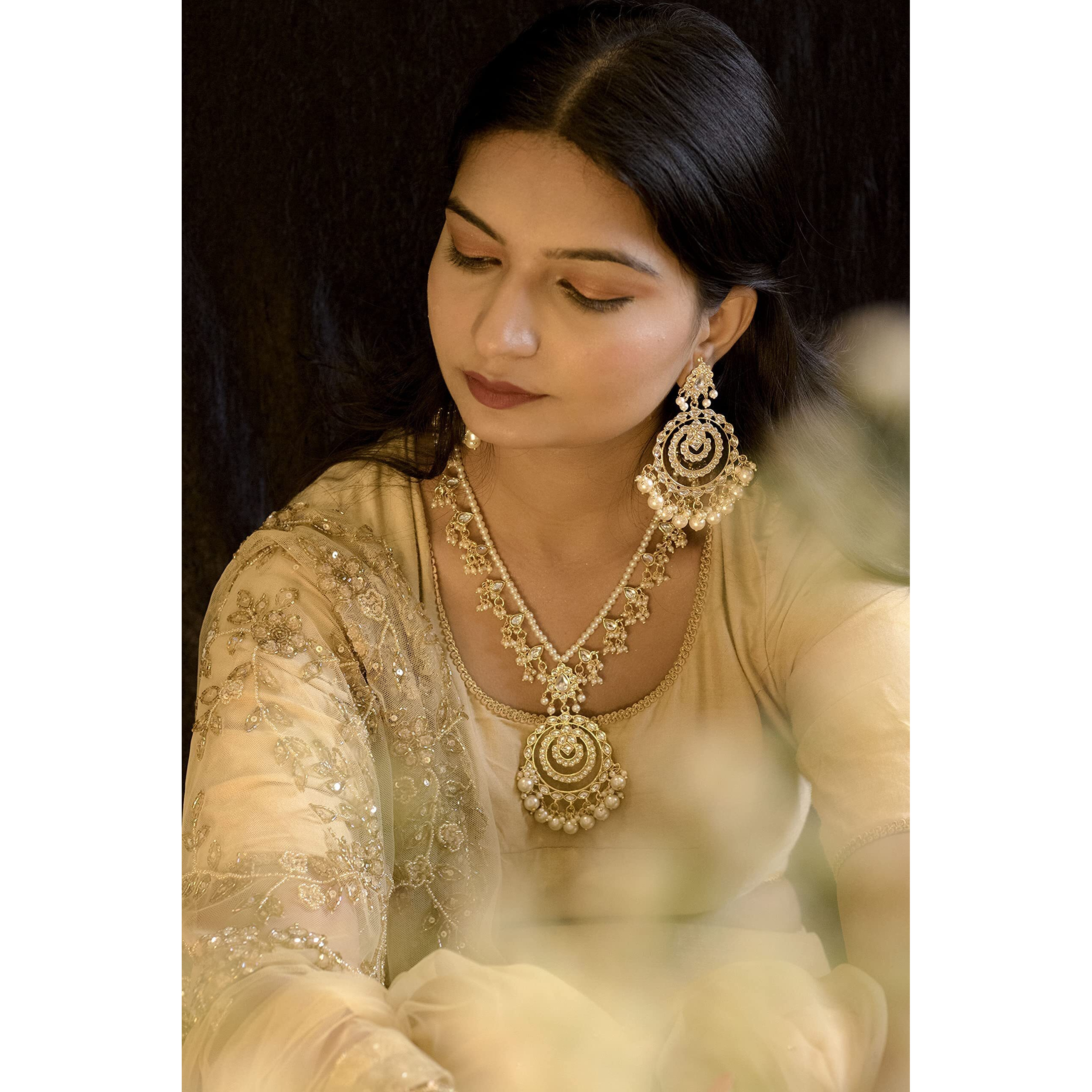 I Jewels 18k Gold Plated Ethnic Multi Layer Kundan Pearl Studded Long Necklace Set For Women (ML298)