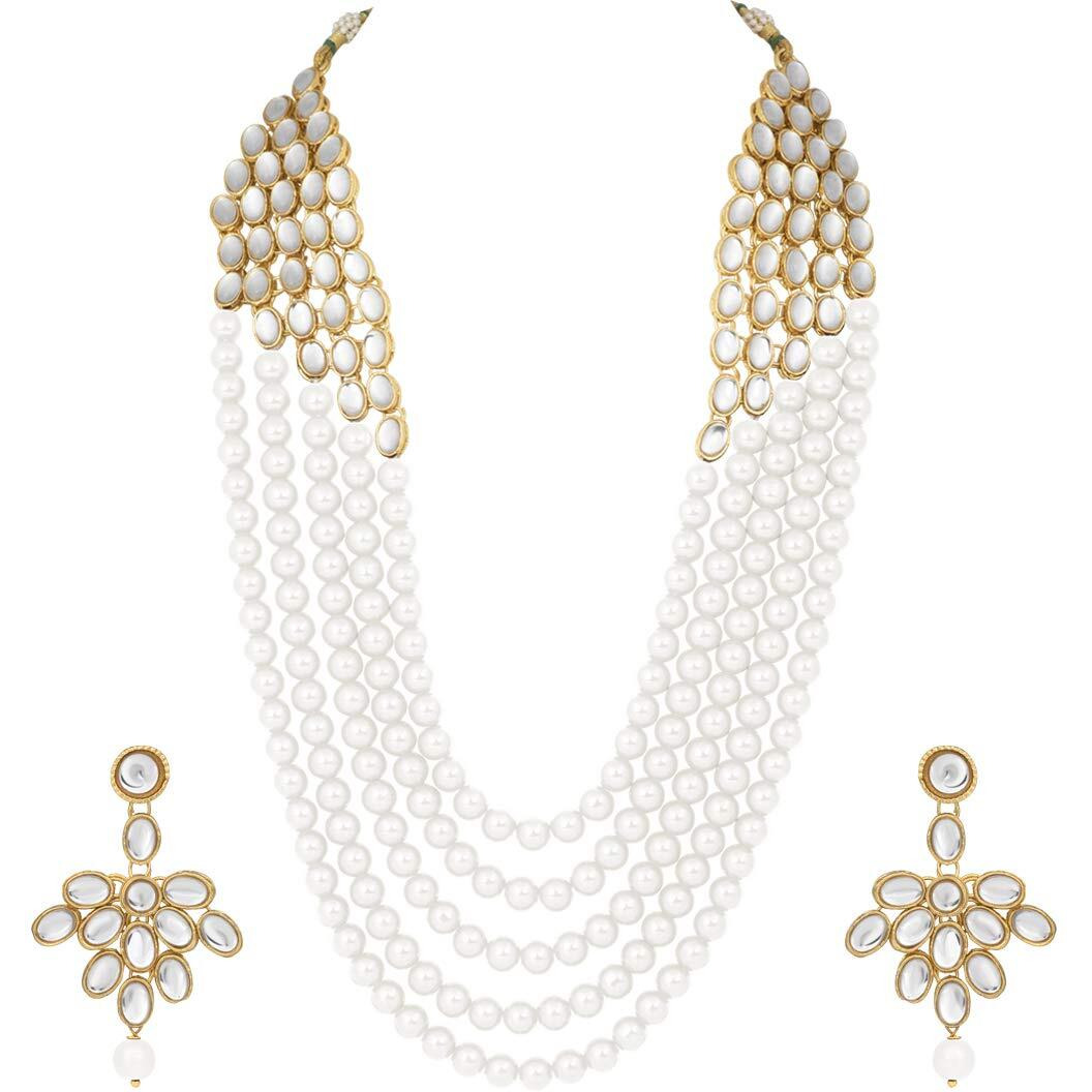 Peora Wedding White Kundan Pearl Long Jewellery Necklace Set for Women Girls