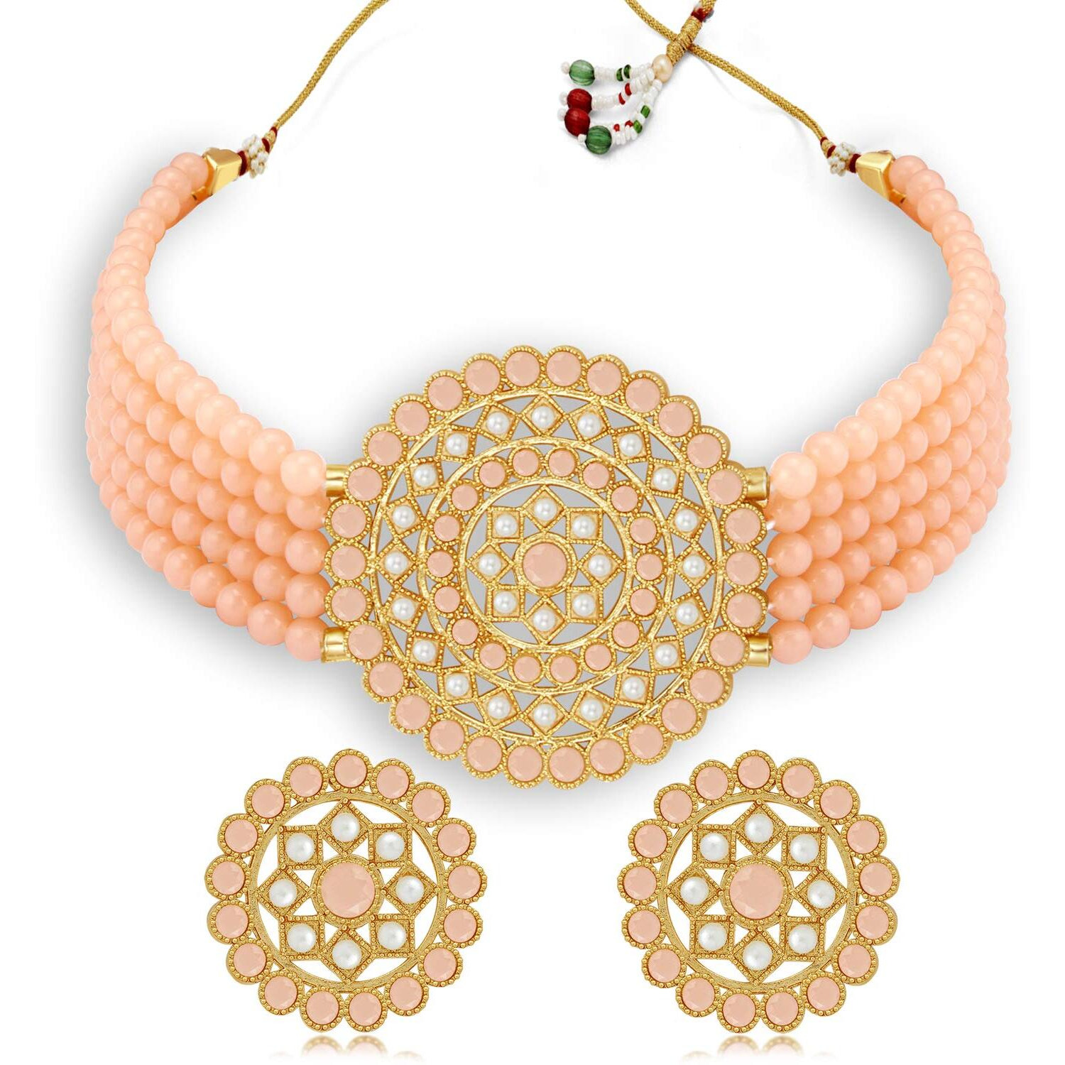 Sukkhi Splendid Gold Plated Peach & White Pearl Choker Necklace Set for Women (SKR70448), free size