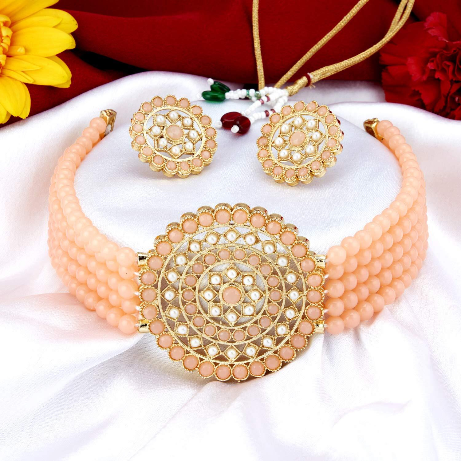Sukkhi Splendid Gold Plated Peach & White Pearl Choker Necklace Set for Women (SKR70448), free size