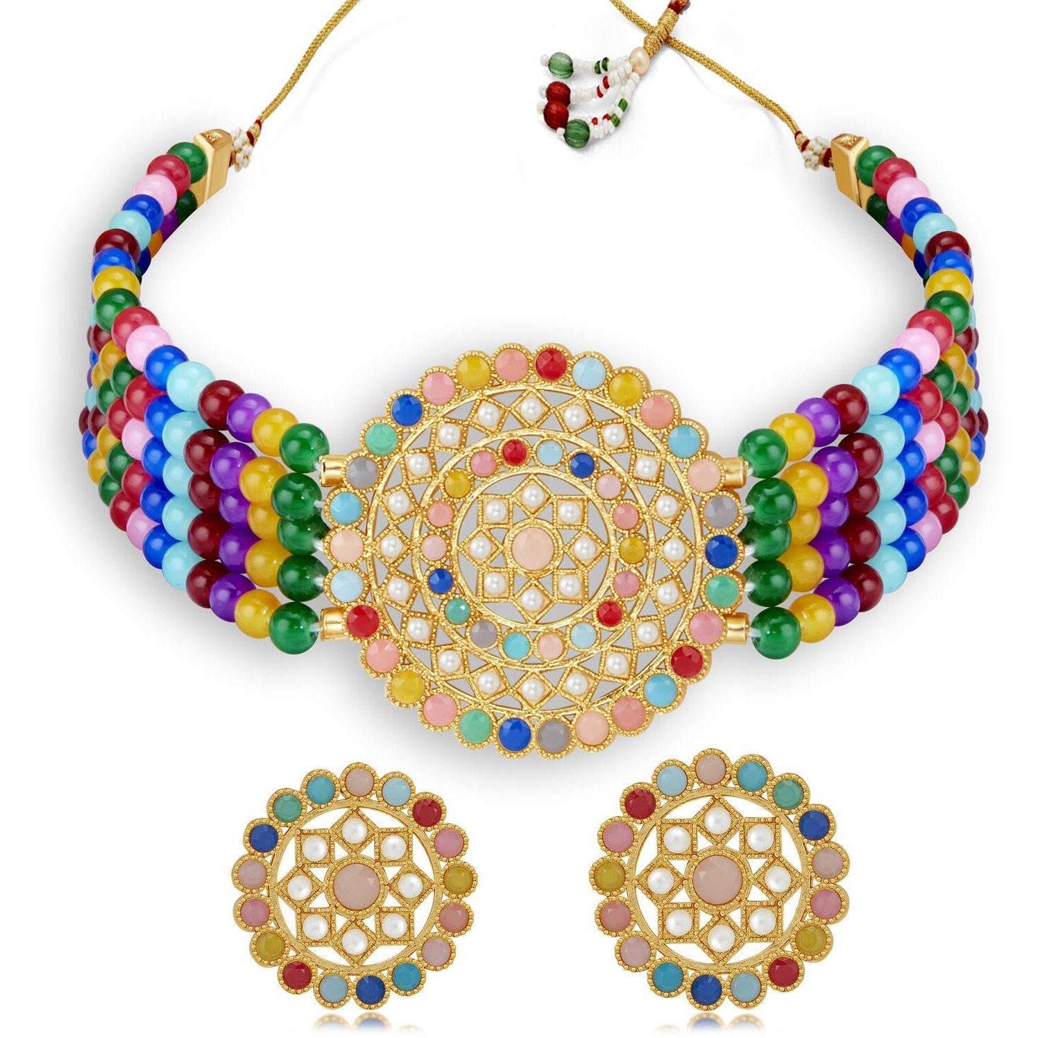 Sukkhi Designer Gold Plated Multi-Color Pearl Choker Necklace Set for Women (SKR70438), multicolor, free size