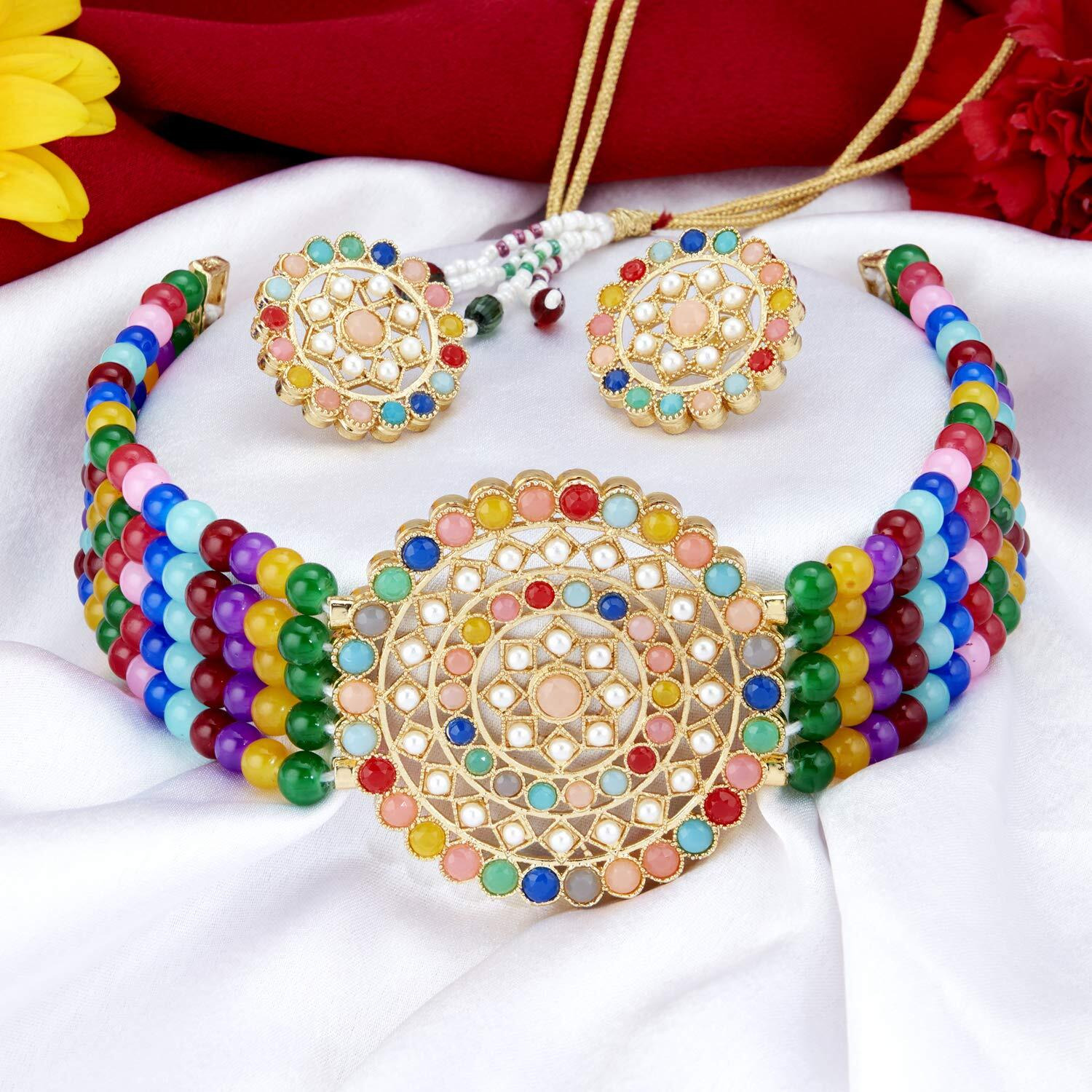 Sukkhi Designer Gold Plated Multi-Color Pearl Choker Necklace Set for Women (SKR70438), multicolor, free size