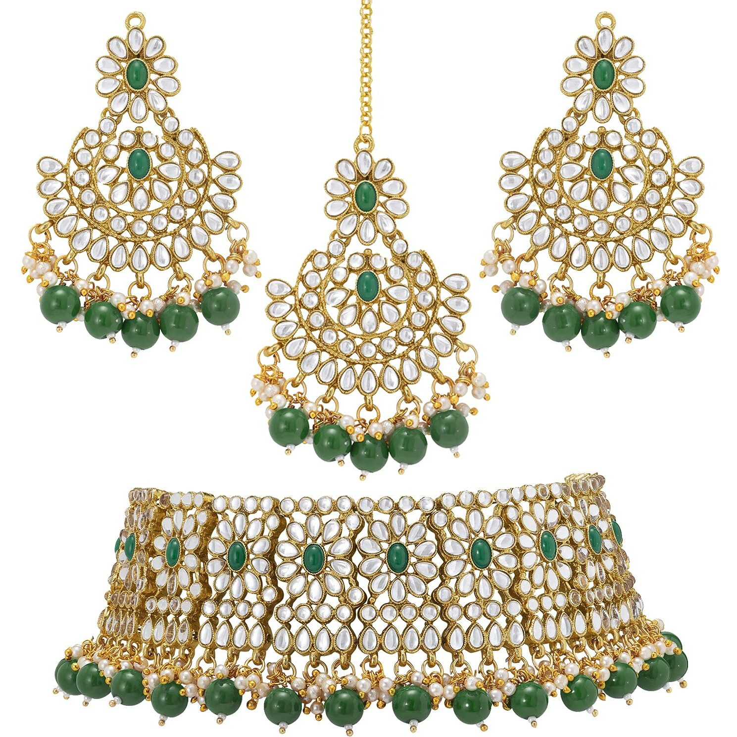 Peora Green Crystal Choker Floral Necklace Chandbali Earring Maang Tikka Jewellery Set for Women