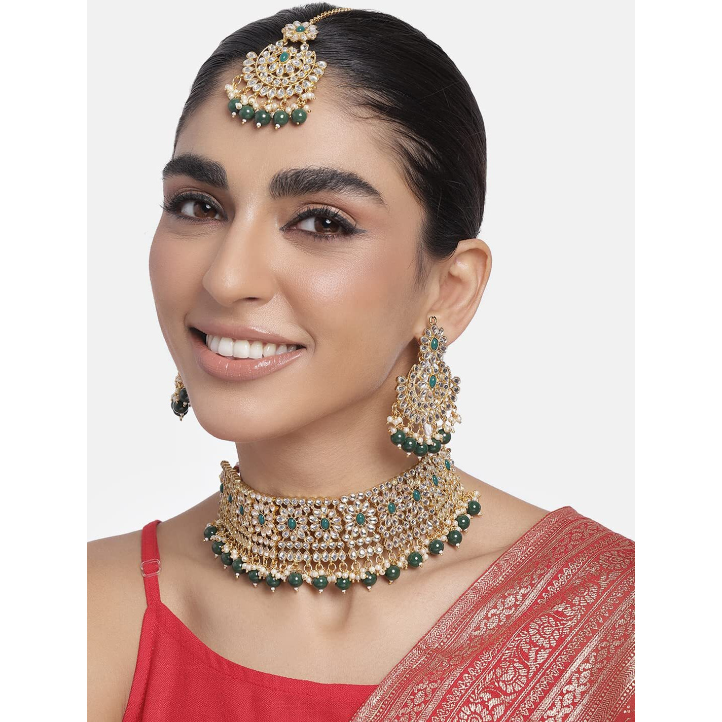 Peora Green Crystal Choker Floral Necklace Chandbali Earring Maang Tikka Jewellery Set for Women