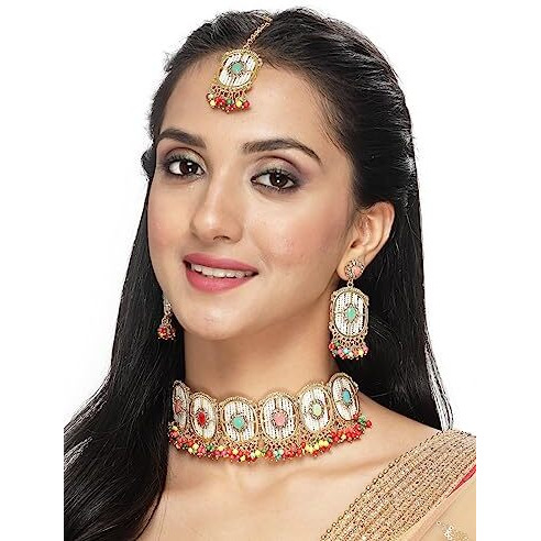 Sukkhi Attractive Circular Gold Toned Plated Multi Beads Choker Necklace Set With Earring And Maangtika | Jewellery Set For Women (NS105546)