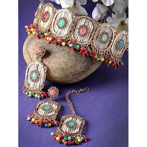 Sukkhi Attractive Circular Gold Toned Plated Multi Beads Choker Necklace Set With Earring And Maangtika | Jewellery Set For Women (NS105546)