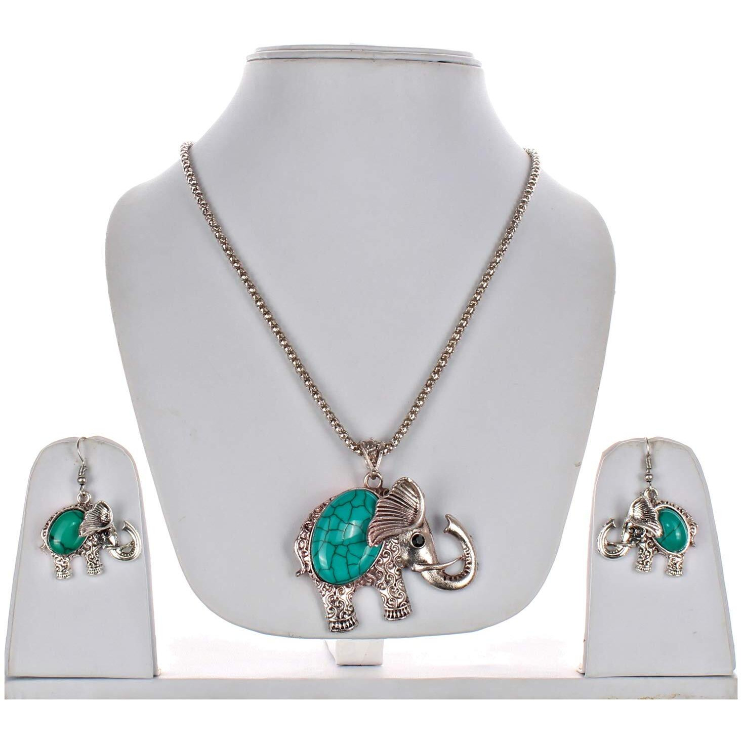 Lucky Jewellery Designer Oxidised German Silver Plated Feroji Color Elephant Design Navratri Garba Jewelry Pendant Locket Set With Matching Earring Girls & Women (175-CHL1O-LJ633-F-S)