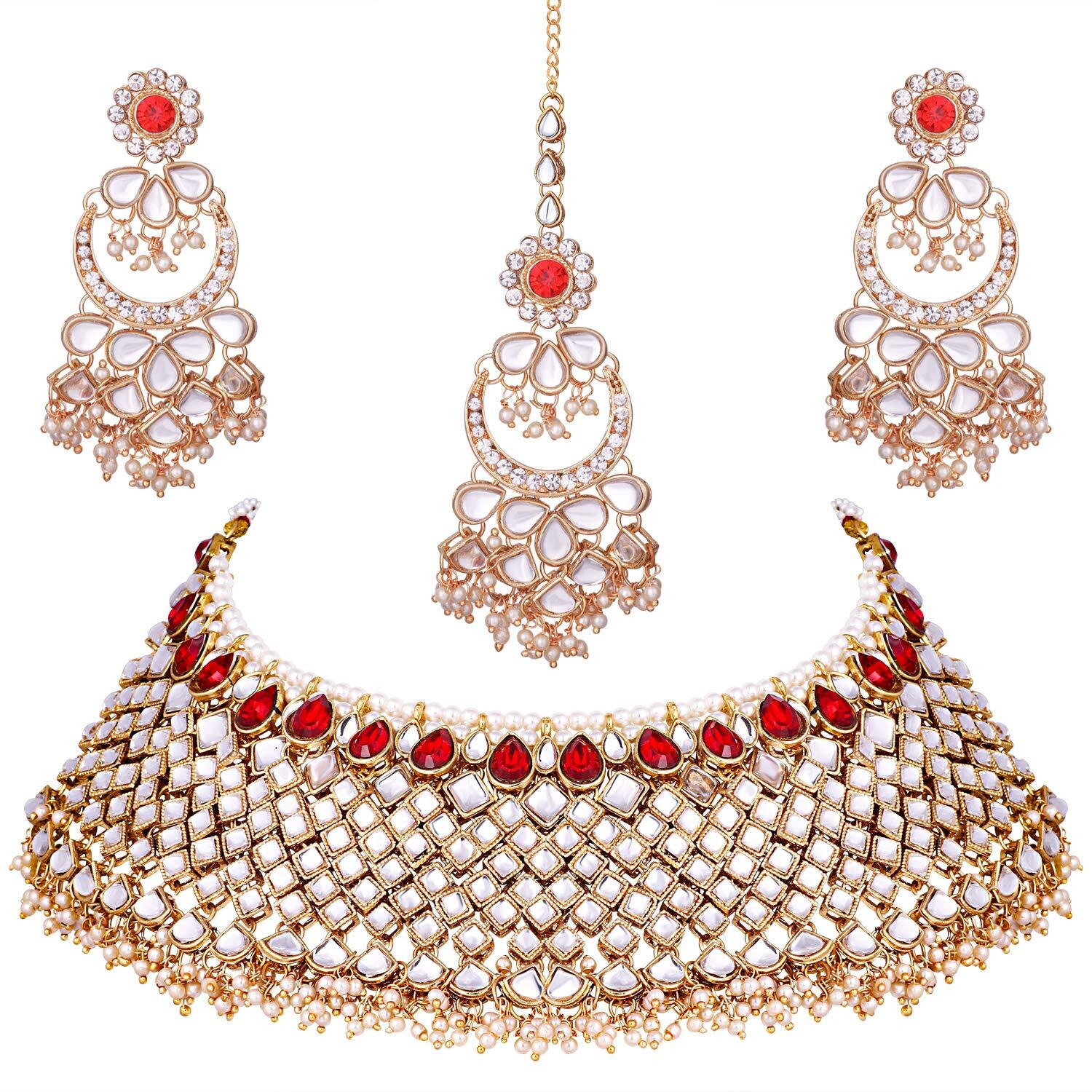 Peora Red God-Plated Indian Traditional Polki Look Kundan Bridal Necklace Earring Set with Maang Tikka for Women