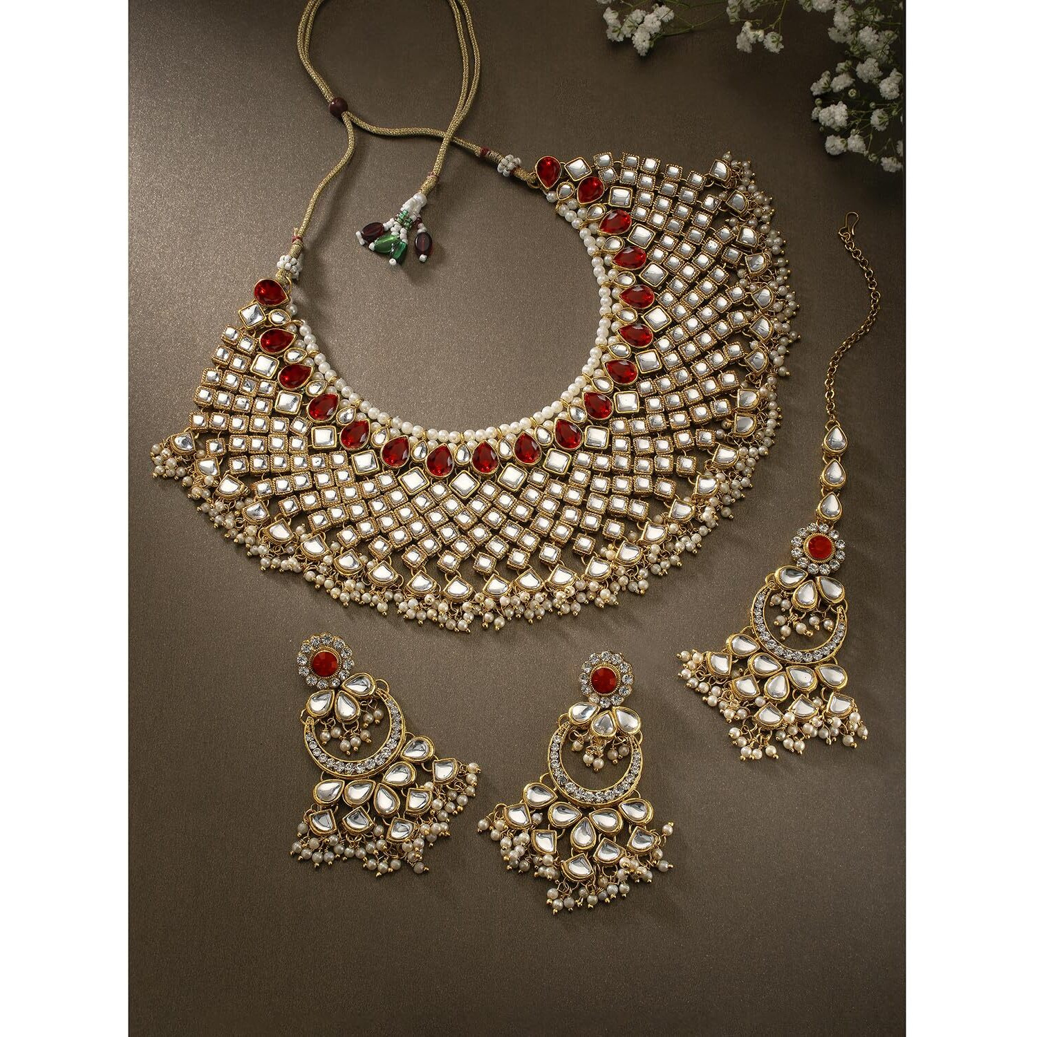 Peora Red God-Plated Indian Traditional Polki Look Kundan Bridal Necklace Earring Set with Maang Tikka for Women
