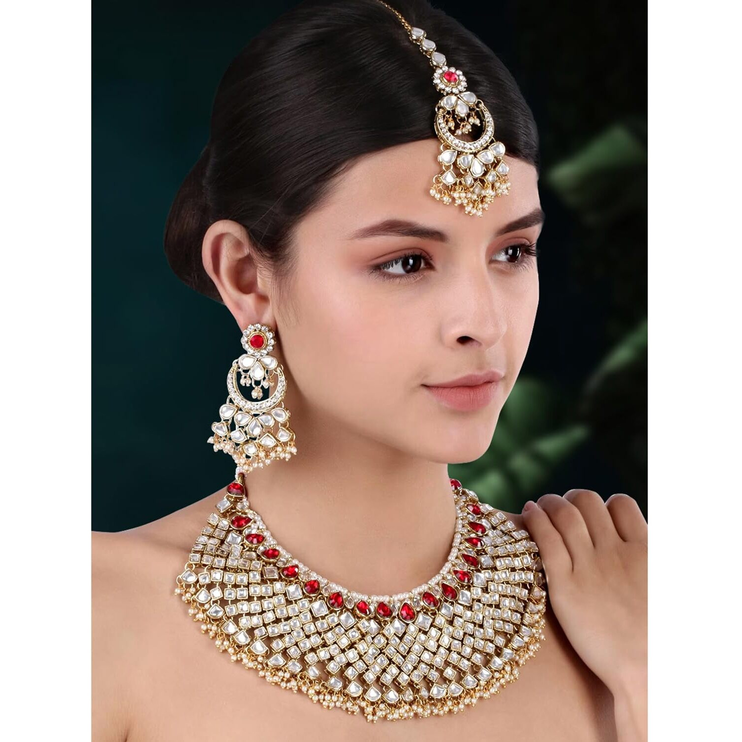 Peora Red God-Plated Indian Traditional Polki Look Kundan Bridal Necklace Earring Set with Maang Tikka for Women