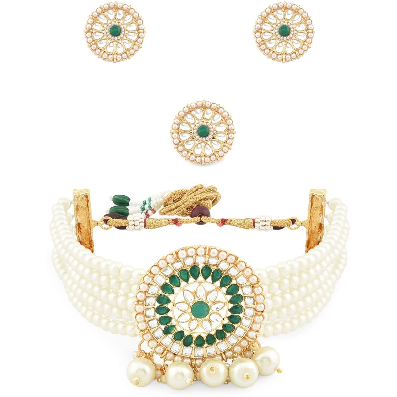 ZAVERI PEARLS Green Ethnic Multi Strand Kundan Choker Necklace Earring & Ring Set For Women-ZPFK12119