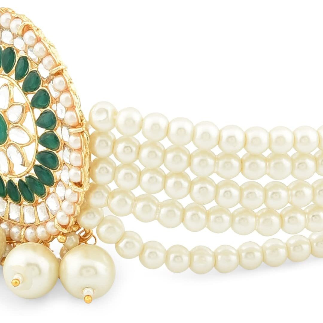ZAVERI PEARLS Green Ethnic Multi Strand Kundan Choker Necklace Earring & Ring Set For Women-ZPFK12119