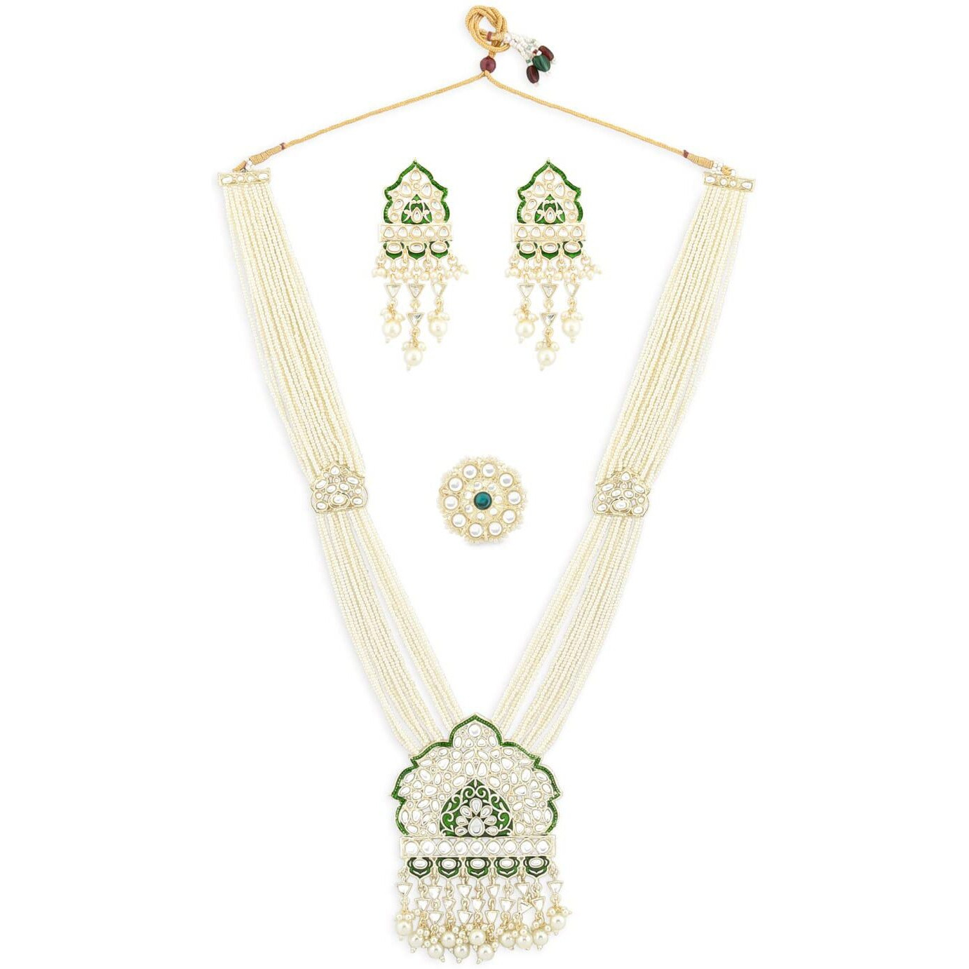 ZAVERI PEARLS Green Meenakari Long Multi Strand Bridal Necklace Earring & Ring Set For Women-ZPFK12126