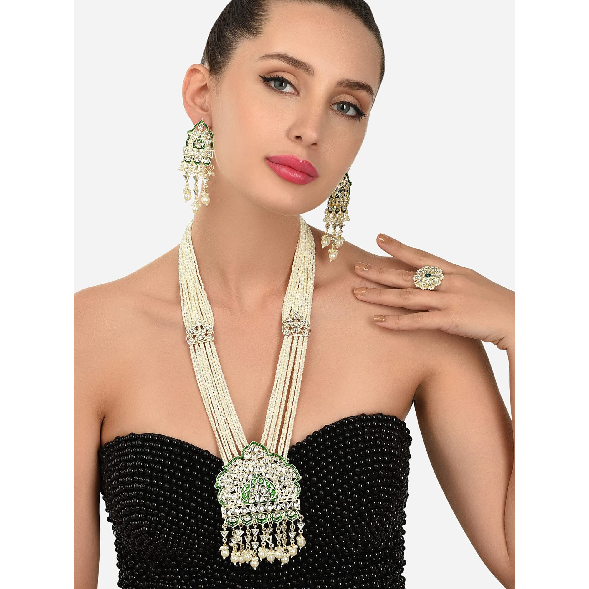 ZAVERI PEARLS Green Meenakari Long Multi Strand Bridal Necklace Earring & Ring Set For Women-ZPFK12126