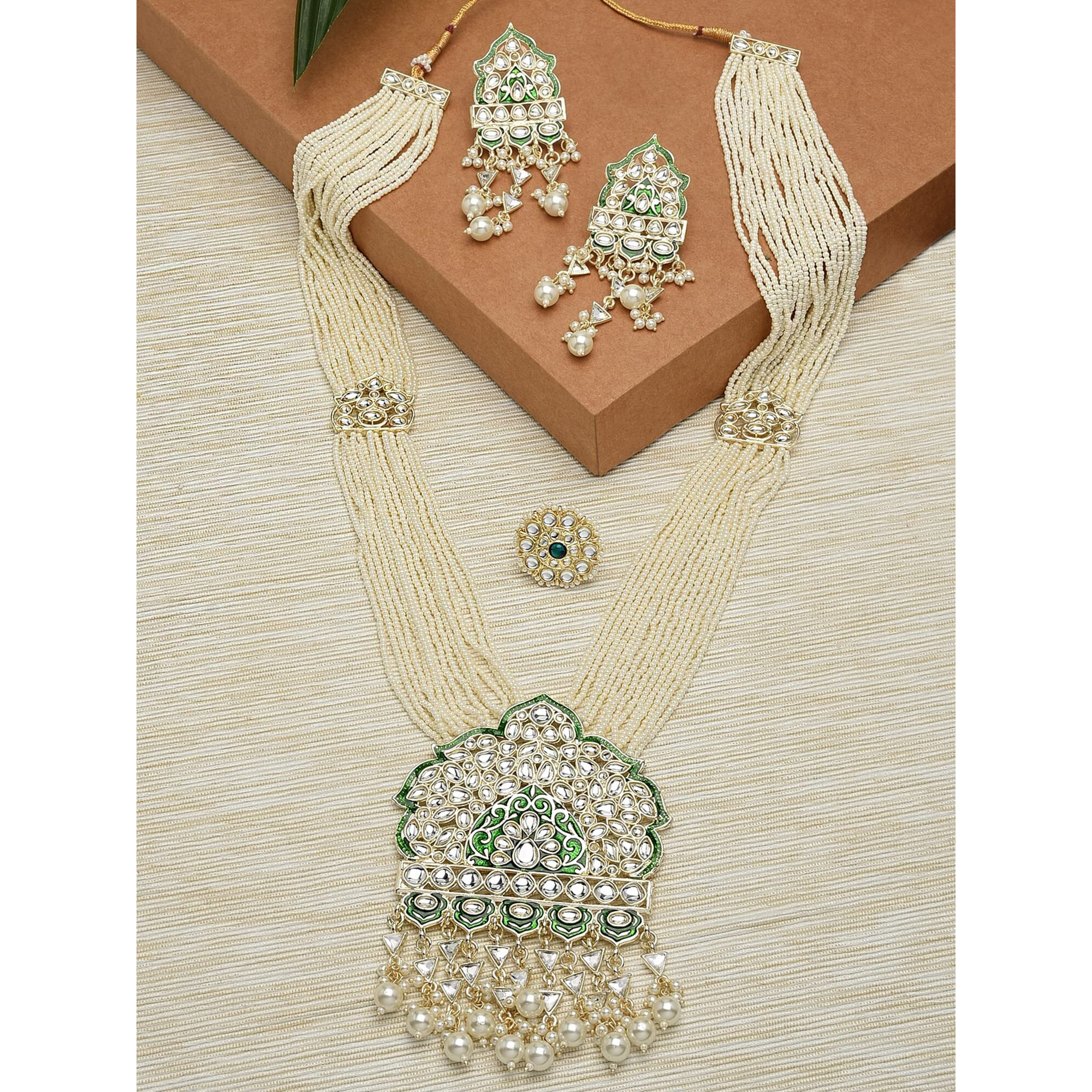 ZAVERI PEARLS Green Meenakari Long Multi Strand Bridal Necklace Earring & Ring Set For Women-ZPFK12126