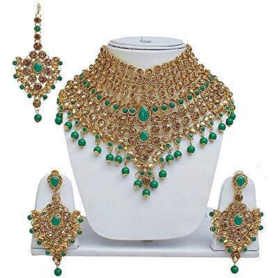 Lucky Jewellery Semi Bridal Dulhan Golden Green Color Wedding & Engagement Necklace Set with Mang Tikka for Girls & Women (1815-L1SS-KD124-LCT-LG)