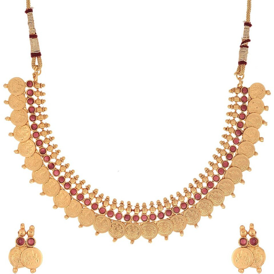 ZENEME Jewellery Gold Plated Bangle Set, Maharani Temple Coin Necklace Set, Short Red Green Necklace and Earrings for Women & Girls (peacock-6)
