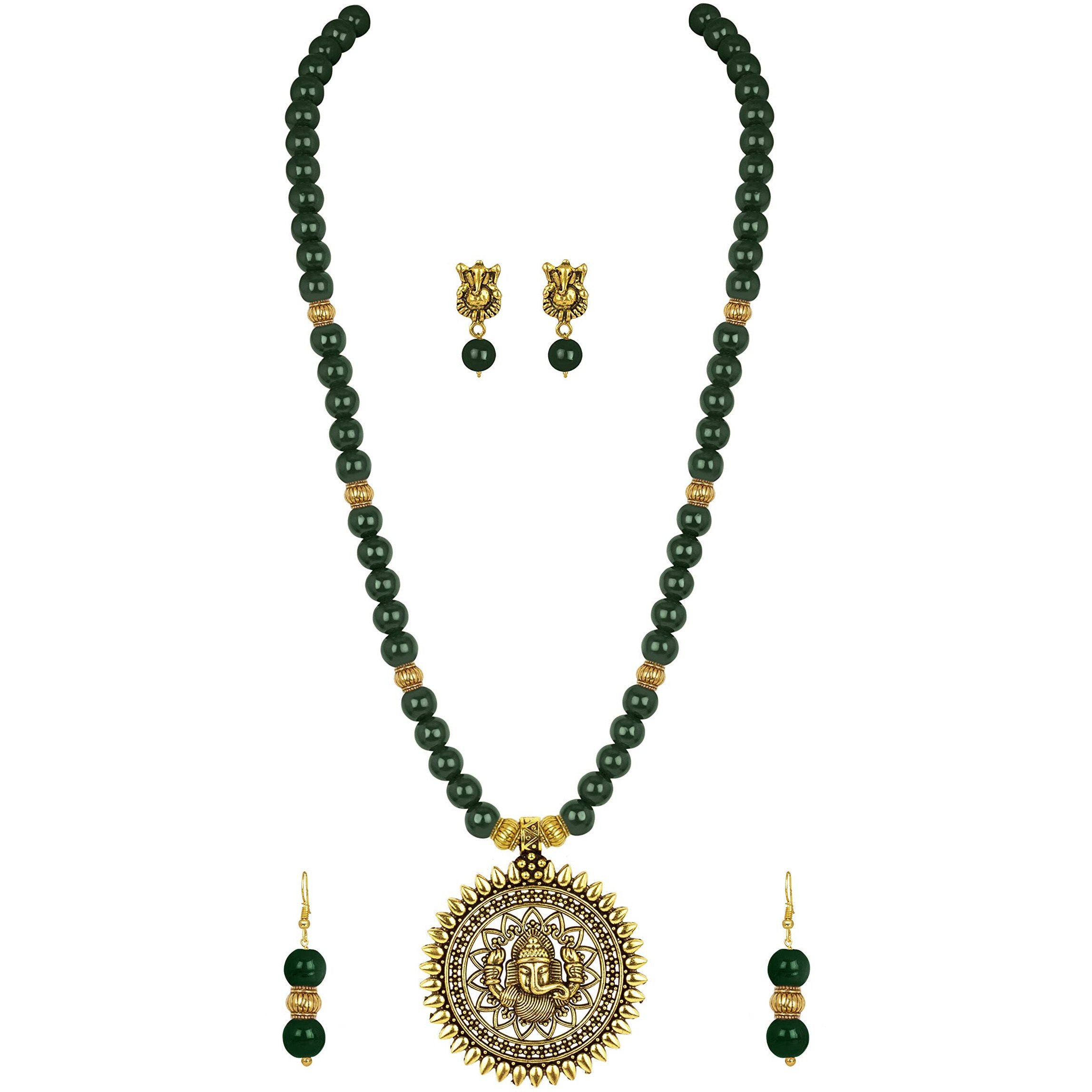JFL - Jewellery for Less Latest Exquisite Ganesha Beaded Necklace Set for Women and Girls (Green),Valentine