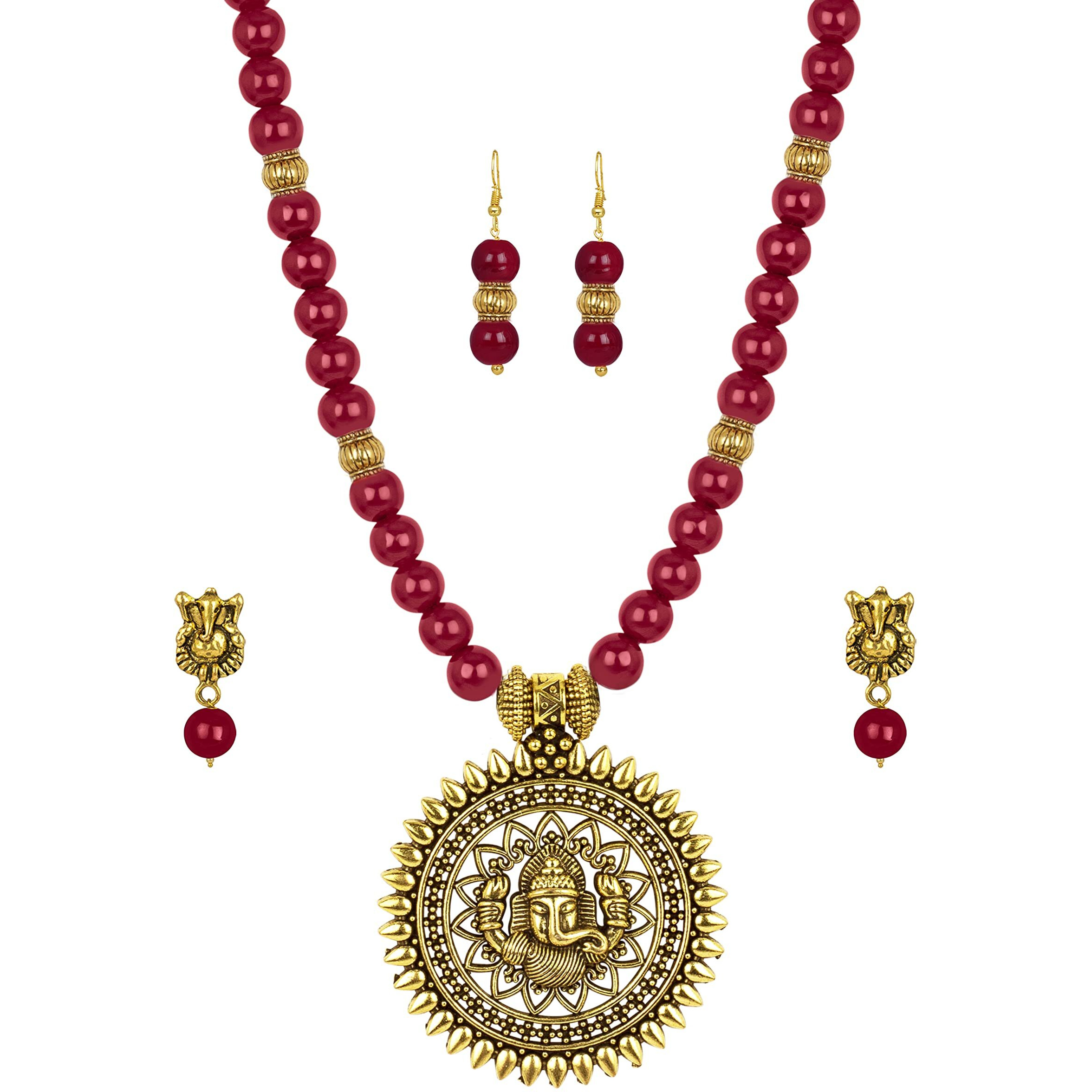 JFL - Jewellery for Less Latest Exquisite Ganesha Beaded Necklace Set for Women and Girls (Maroon),Valentine