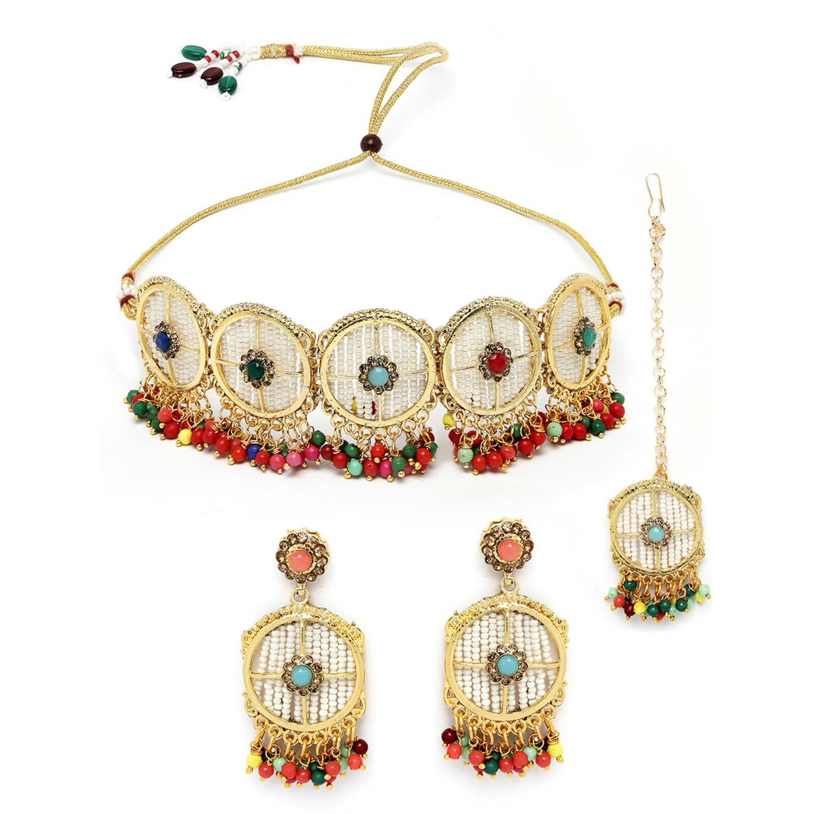 Sukkhi Charming Circular Gold Toned Plated Multi Beads Choker Necklace Set With Earring And Maangtika | Jewellery Set For Women (NS105495)