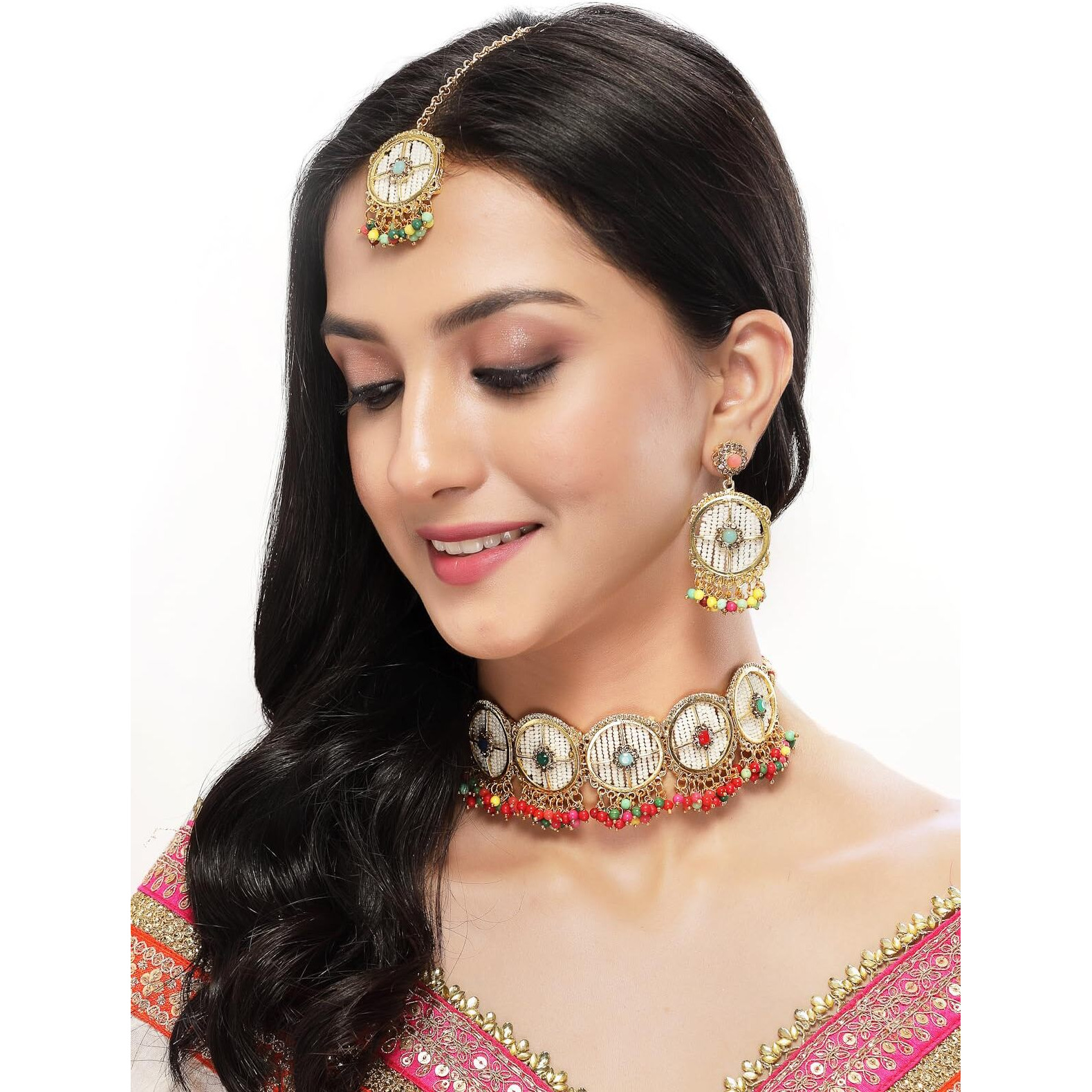 Sukkhi Charming Circular Gold Toned Plated Multi Beads Choker Necklace Set With Earring And Maangtika | Jewellery Set For Women (NS105495)