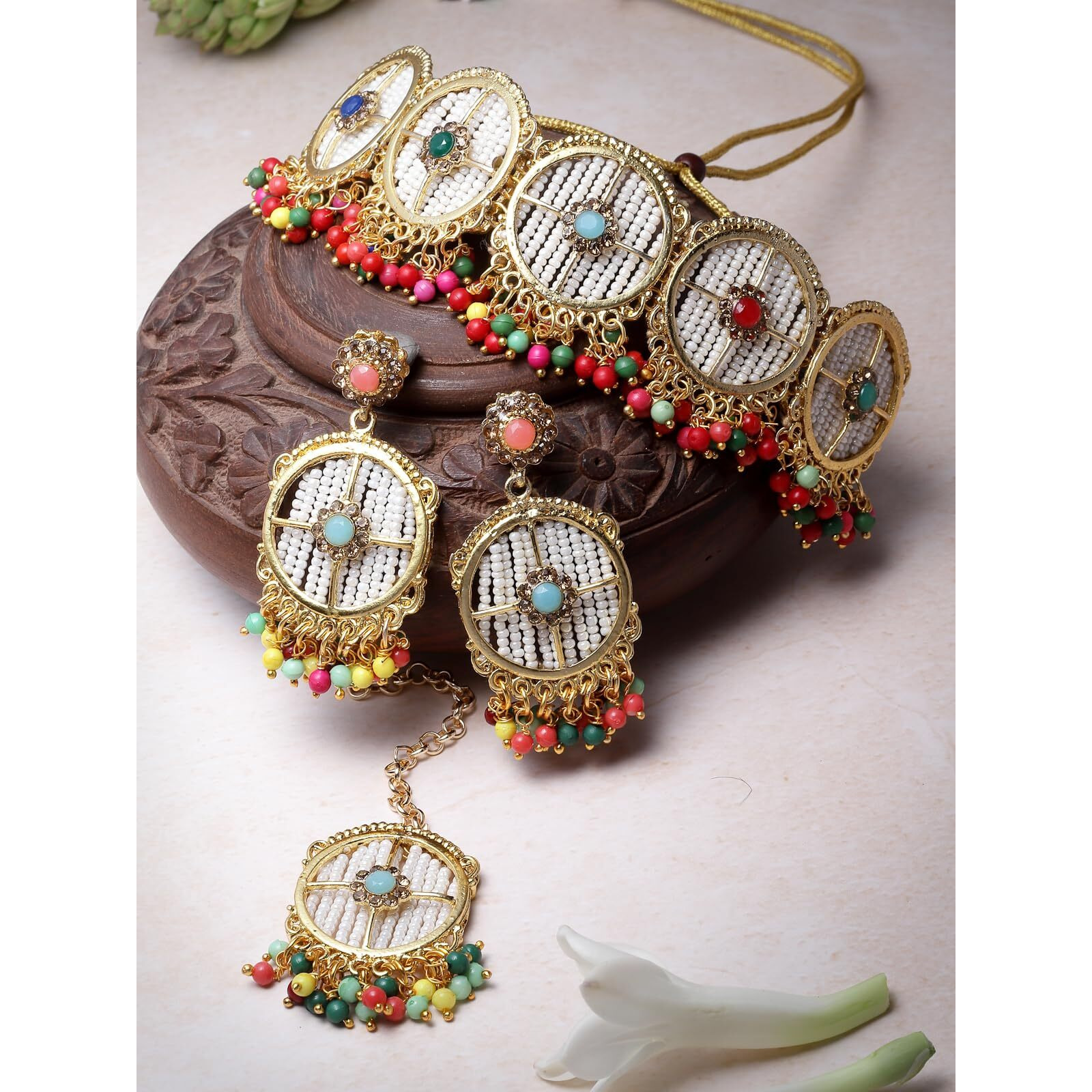 Sukkhi Charming Circular Gold Toned Plated Multi Beads Choker Necklace Set With Earring And Maangtika | Jewellery Set For Women (NS105495)