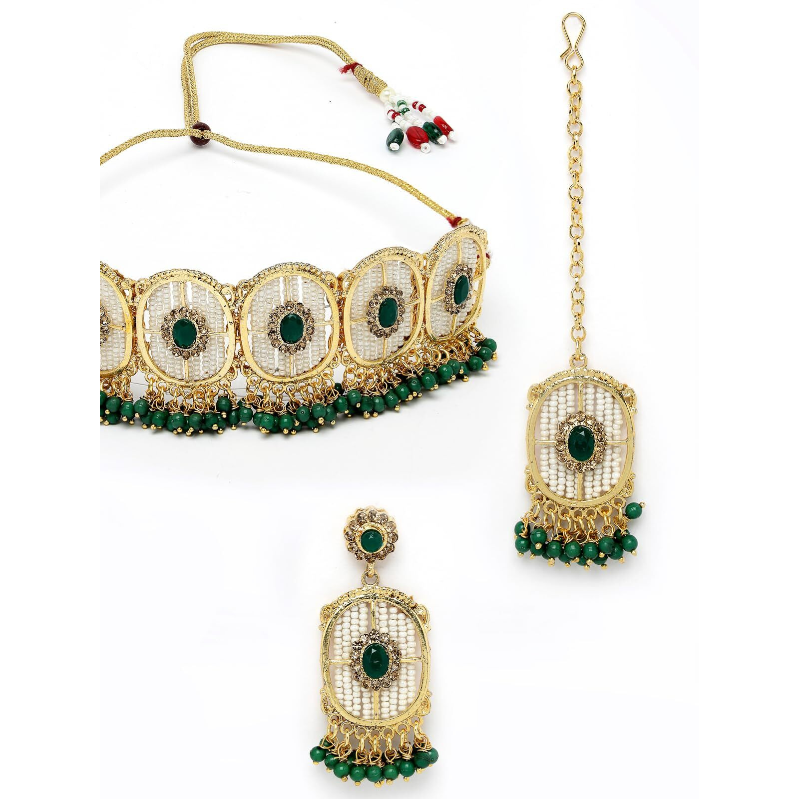 Sukkhi Stylish Circular Gold Toned Plated Green Beads Choker Necklace Set With Earring And Maangtika | Jewellery Set For Women (NS105543)
