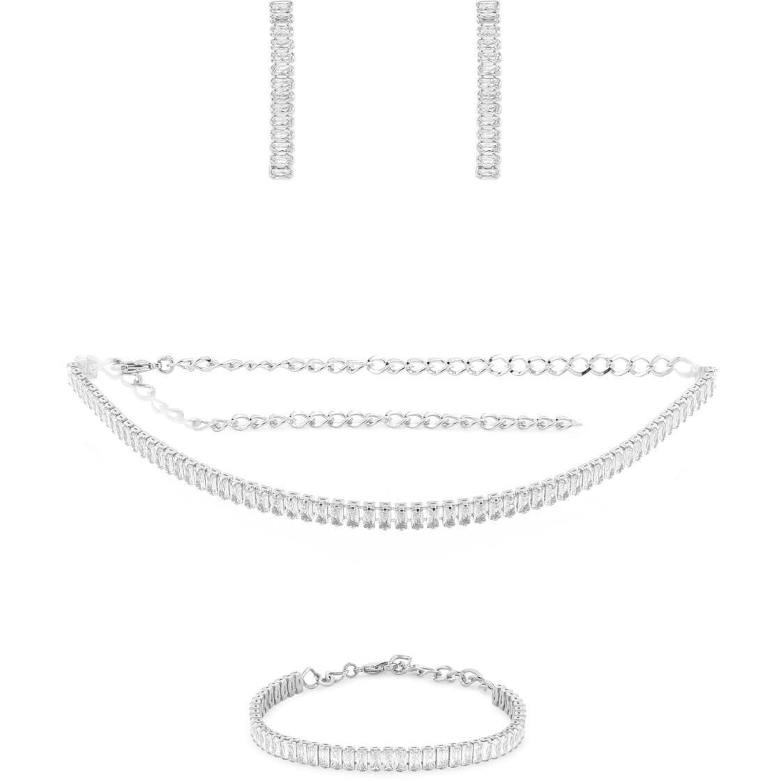 ZAVERI PEARLS Silver Tone Dazzling Baguette Cubic Zirconia Necklace Earring & Bracelet Set For Women-ZPFK12580