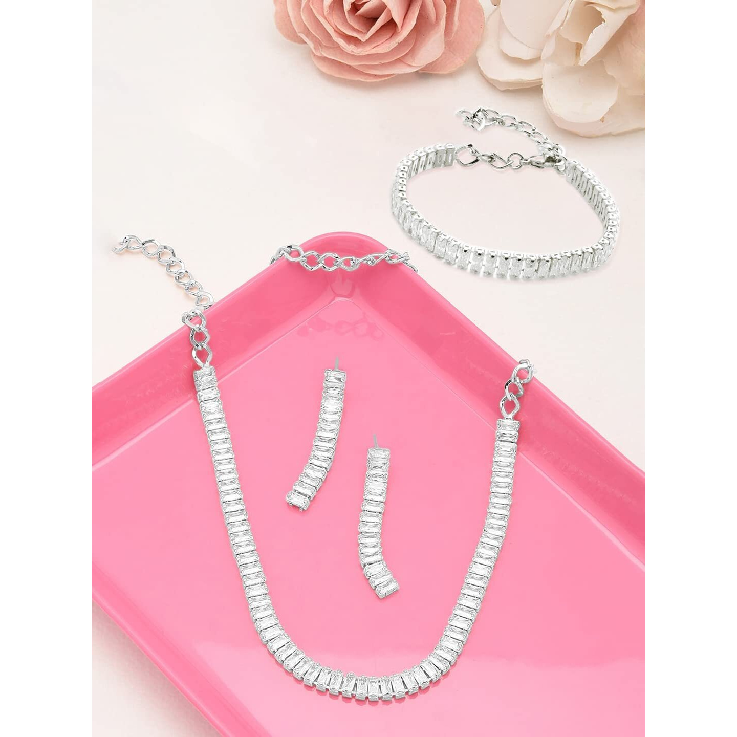 ZAVERI PEARLS Silver Tone Dazzling Baguette Cubic Zirconia Necklace Earring & Bracelet Set For Women-ZPFK12580
