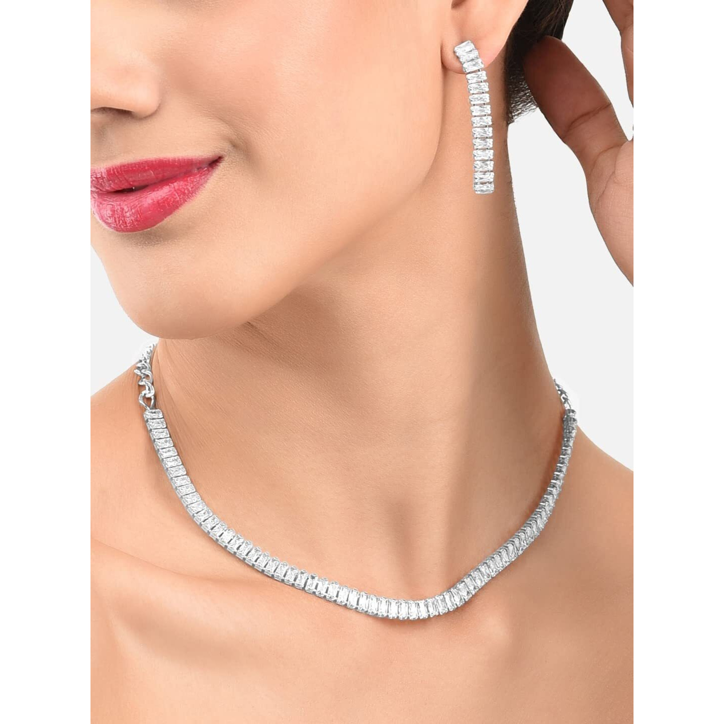 ZAVERI PEARLS Silver Tone Dazzling Baguette Cubic Zirconia Necklace Earring & Bracelet Set For Women-ZPFK12580