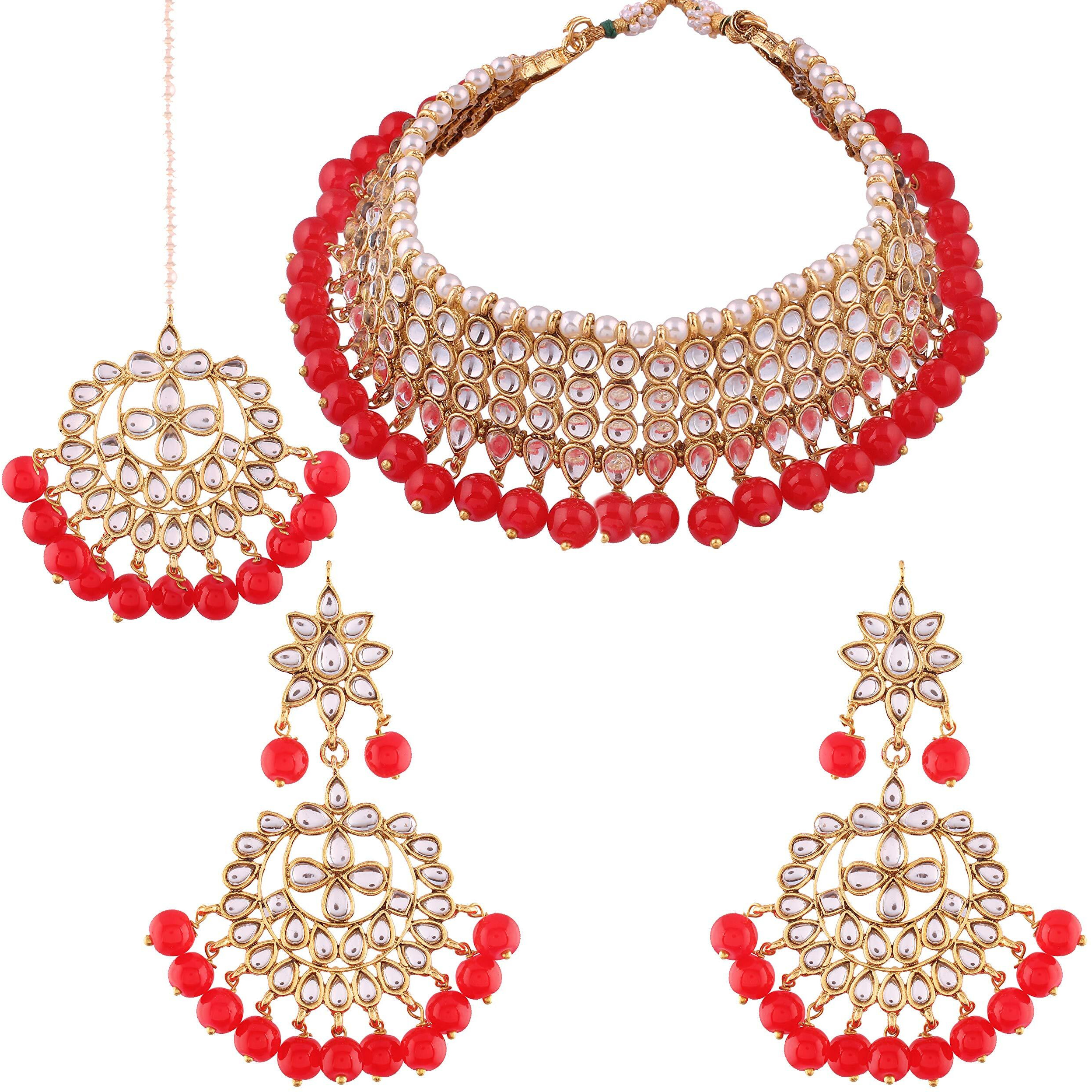 I Jewels 18K Gold Plated Traditional Handcrafted Kundan & Pearl Studded Choker Necklace Jewellery Set with Earrings & Maang Tikka (K7075R) For Womens