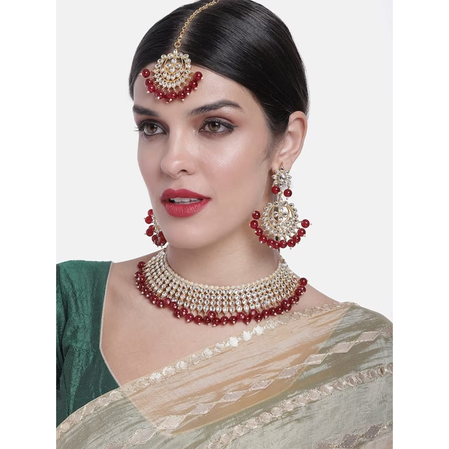 I Jewels 18K Gold Plated Traditional Handcrafted Kundan & Pearl Studded Choker Necklace Jewellery Set with Earrings & Maang Tikka (K7075R) For Womens
