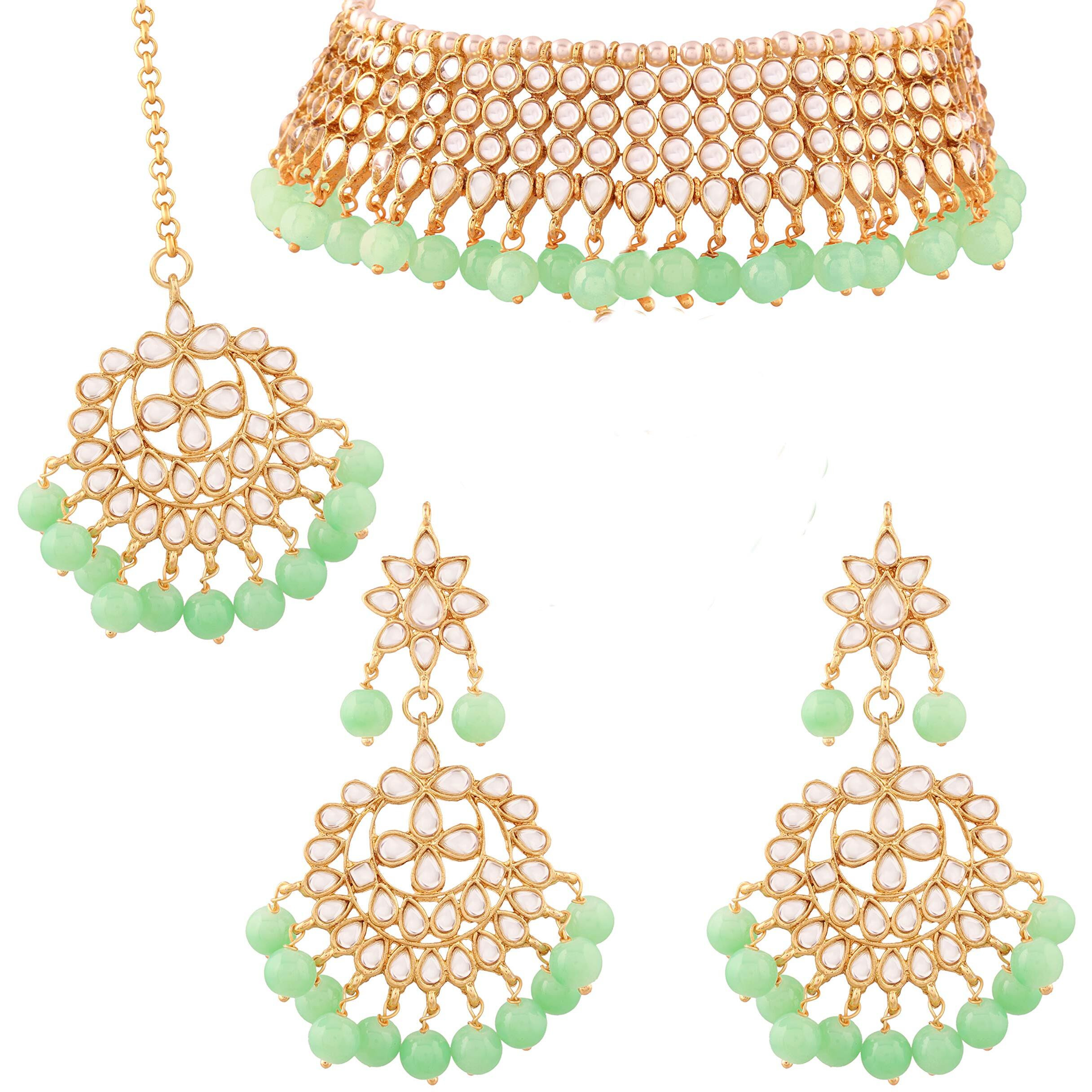 I Jewels 18K Gold Plated Traditional Handcrafted Kundan & Pearl Studded Choker Necklace Jewellery Set with Earrings & Maang Tikka (K7075Min-1) For Womens