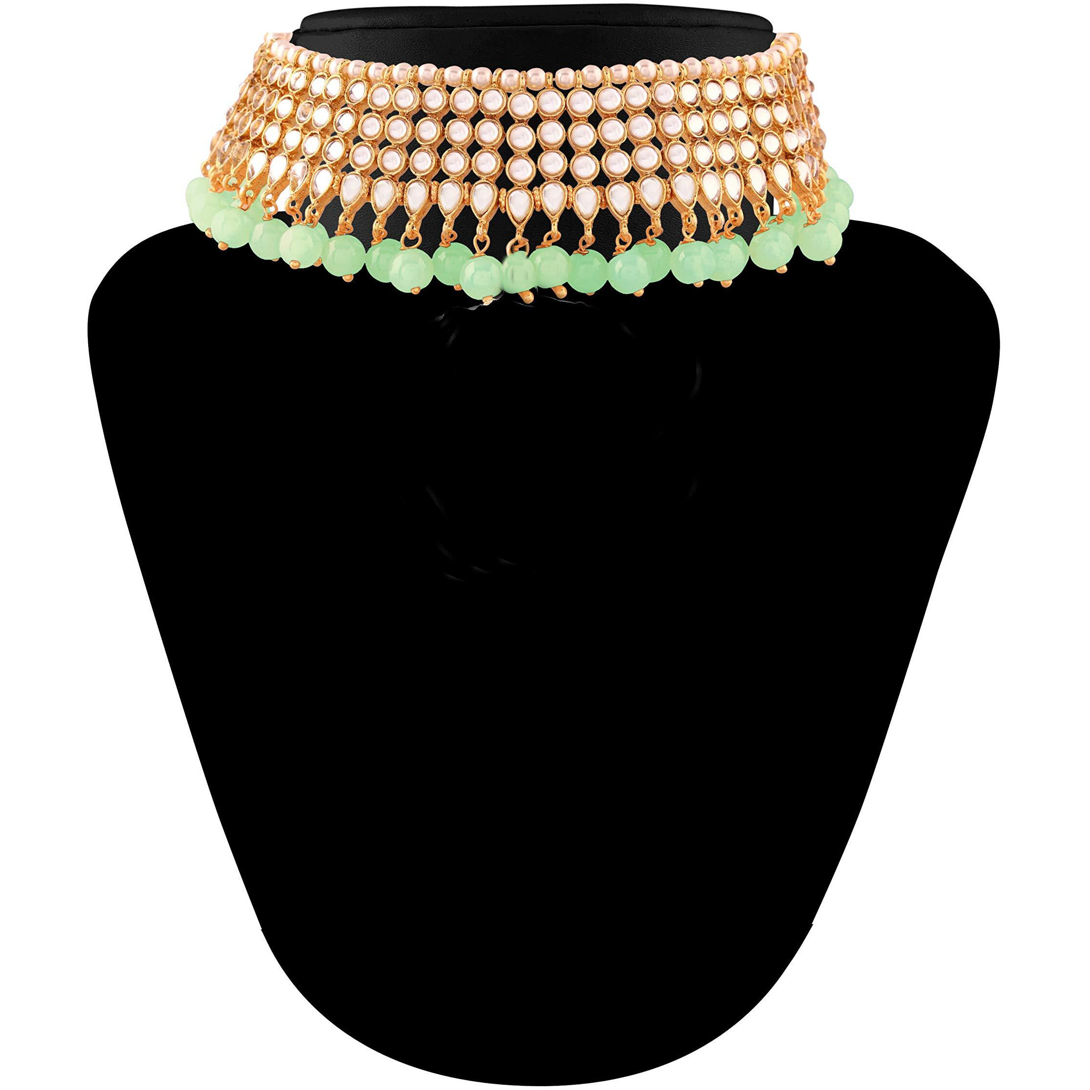 I Jewels 18K Gold Plated Traditional Handcrafted Kundan & Pearl Studded Choker Necklace Jewellery Set with Earrings & Maang Tikka (K7075Min-1) For Womens