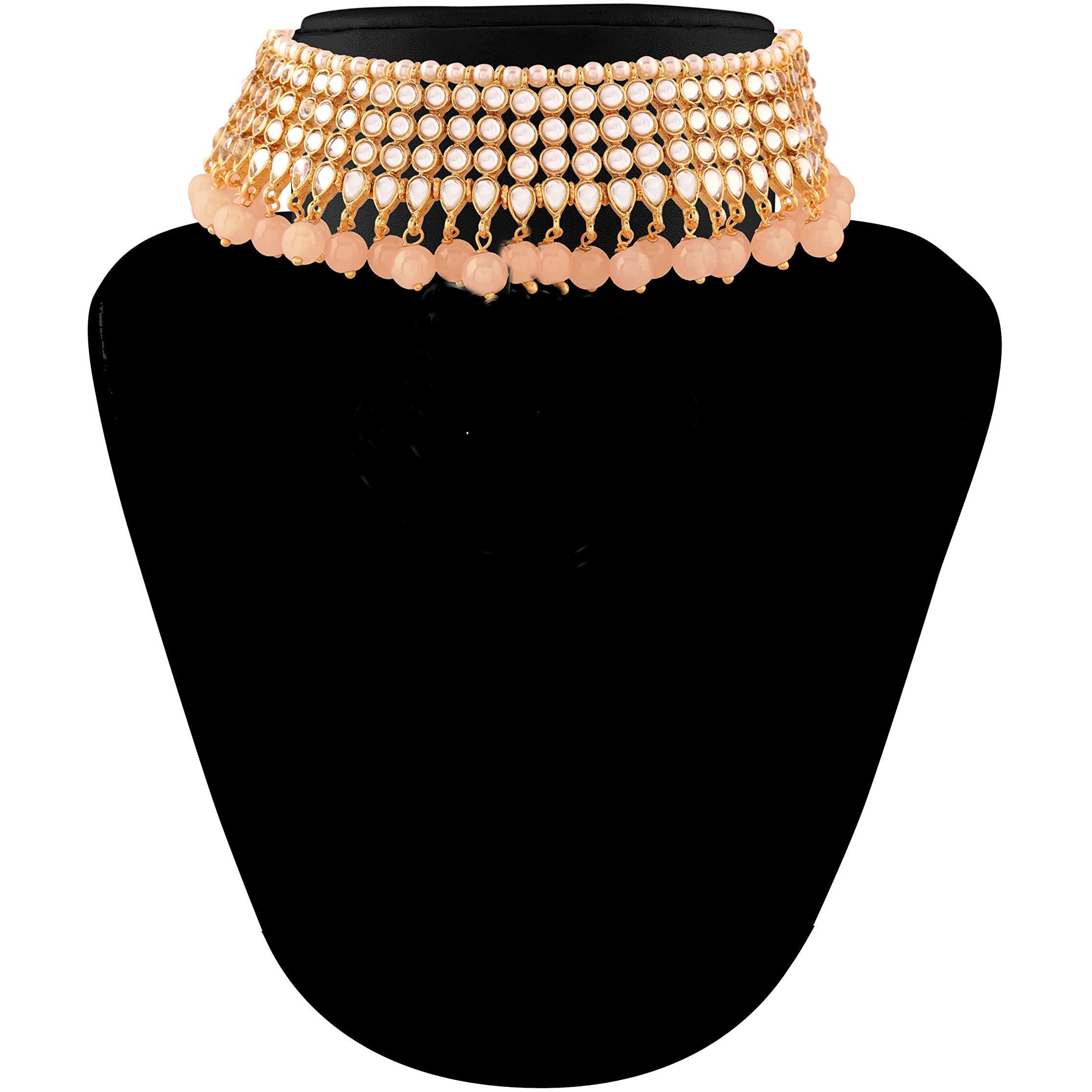 I Jewels 18K Gold Plated Traditional Handcrafted Kundan & Pearl Studded Choker Necklace Jewellery Set with Earrings & Maang Tikka (K7075Pe) For Womens