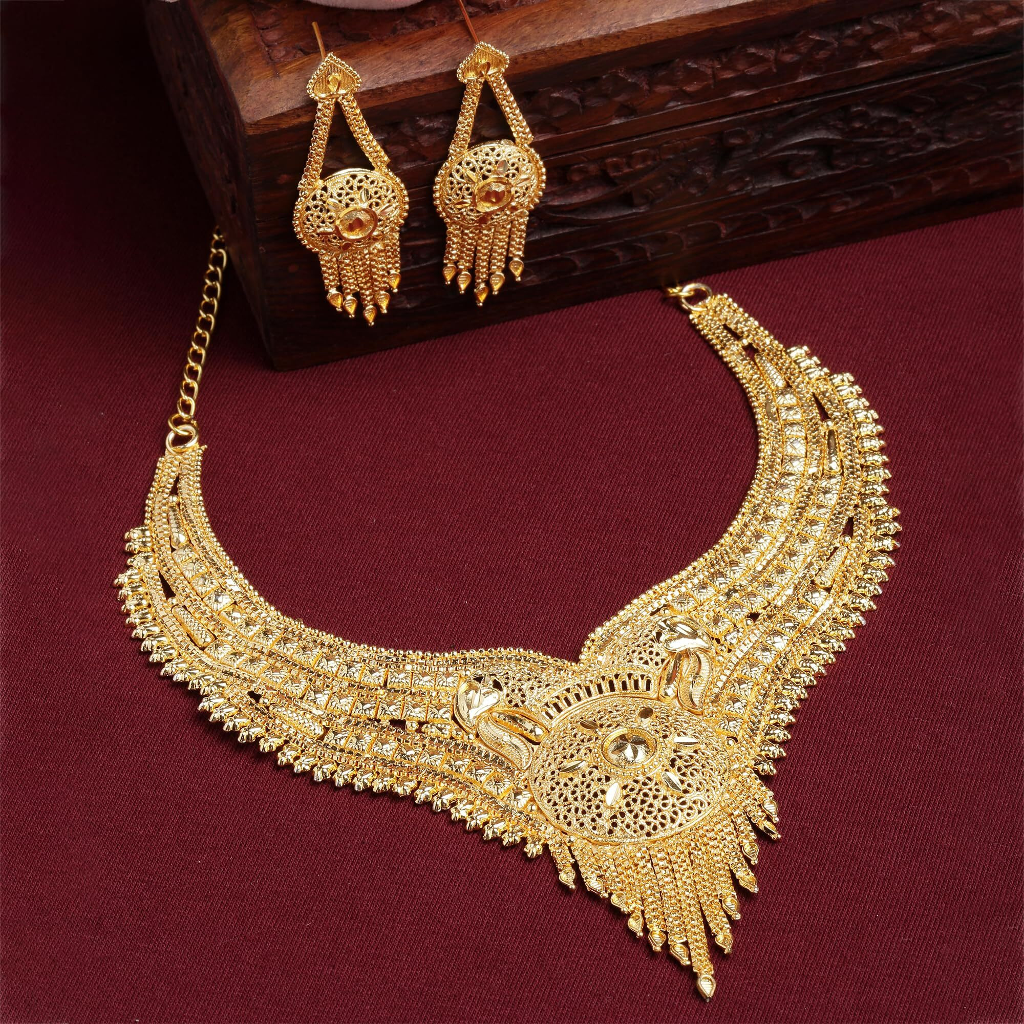 ZENEME Traditional One Gram High Gold Plated Choker Jewellery Necklace Set for Women (Design 3)