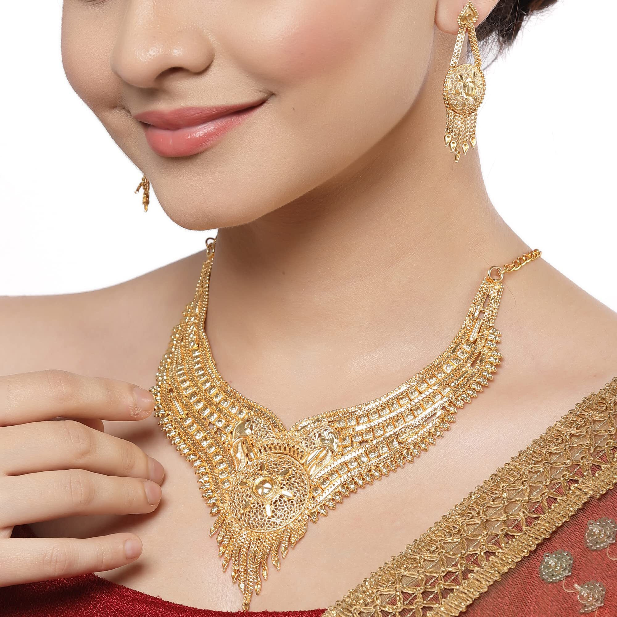 ZENEME Traditional One Gram High Gold Plated Choker Jewellery Necklace Set for Women (Design 3)
