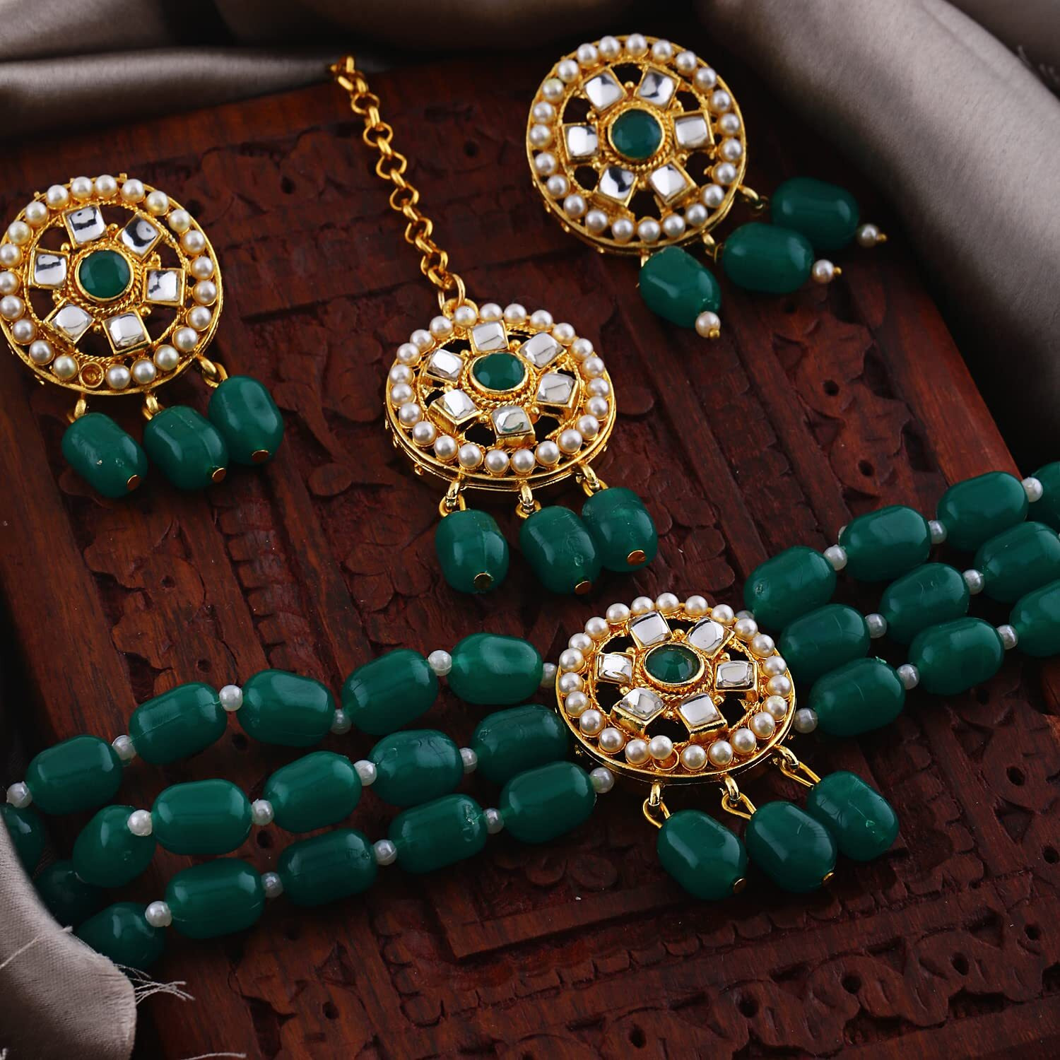 Shining Diva Fashion Latest Stylish Fancy Choker Traditional Pearl Kundan Necklace Jewellery Set for Women (12828s), Green, One