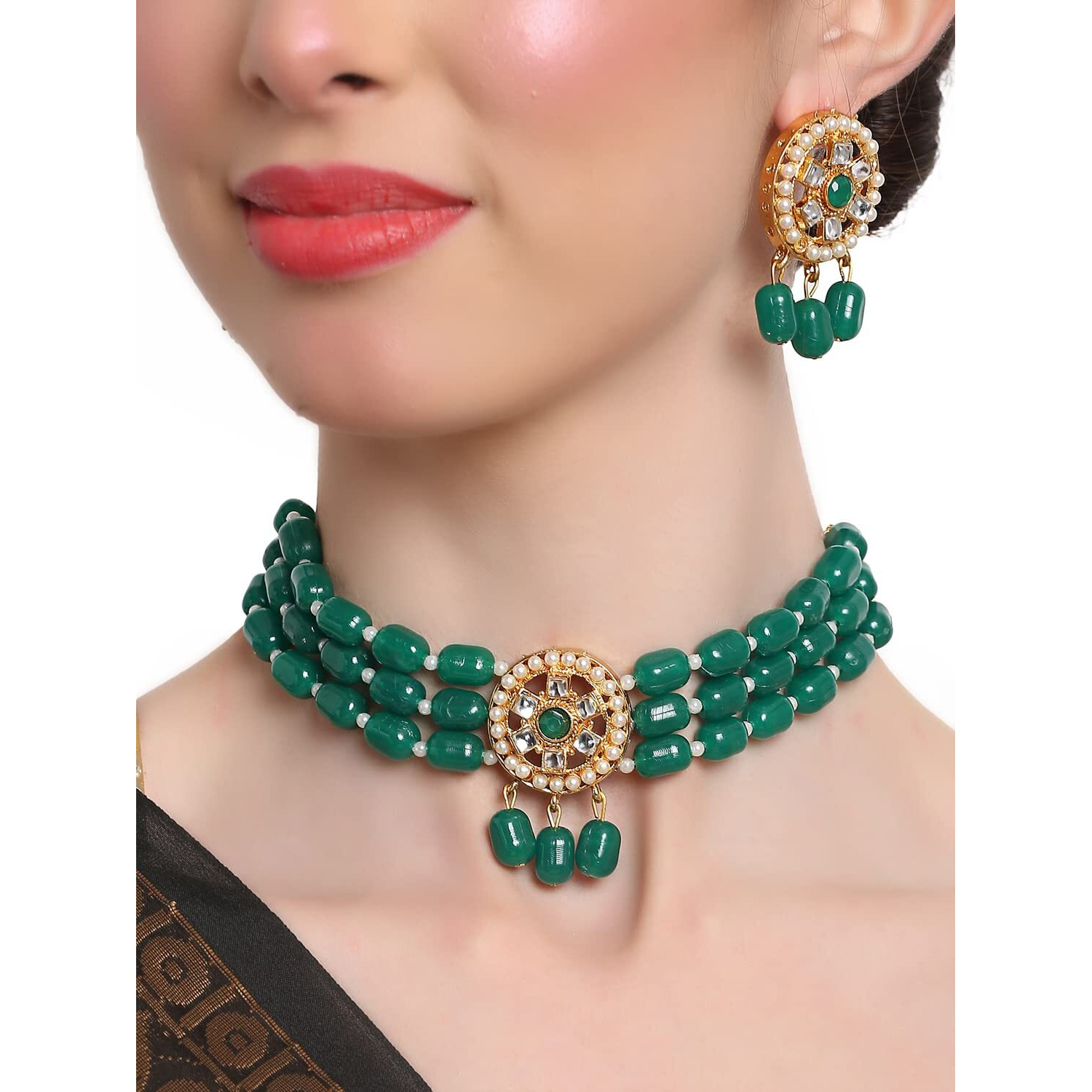 Shining Diva Fashion Latest Stylish Fancy Choker Traditional Pearl Kundan Necklace Jewellery Set for Women (12828s), Green, One