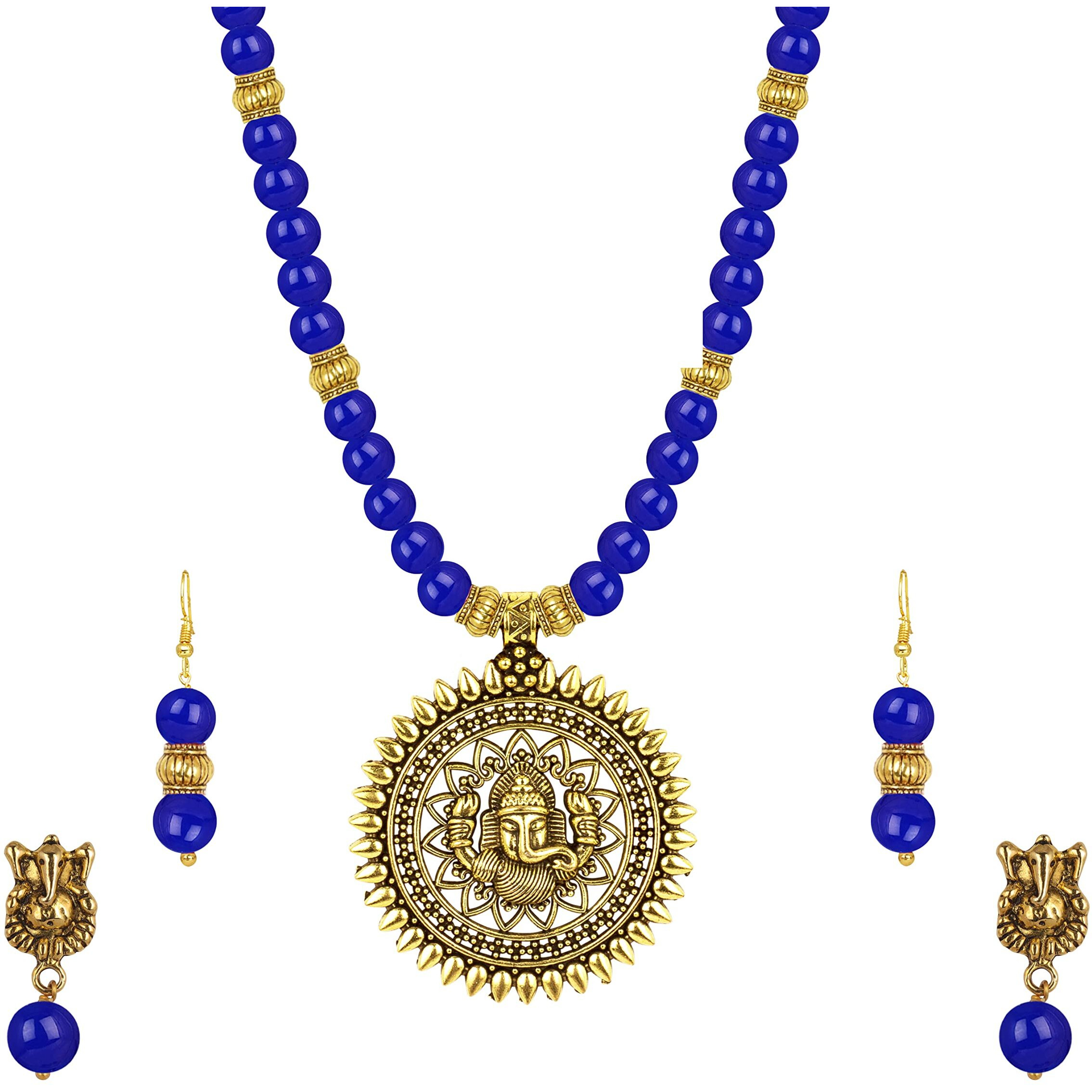 JFL - Jewellery for Less Fashionable Gold Plated Oxidized German Ganesha Beaded Necklace with 2 pair of Earrings Set for Women and Girls(Navy Blue),Valentine