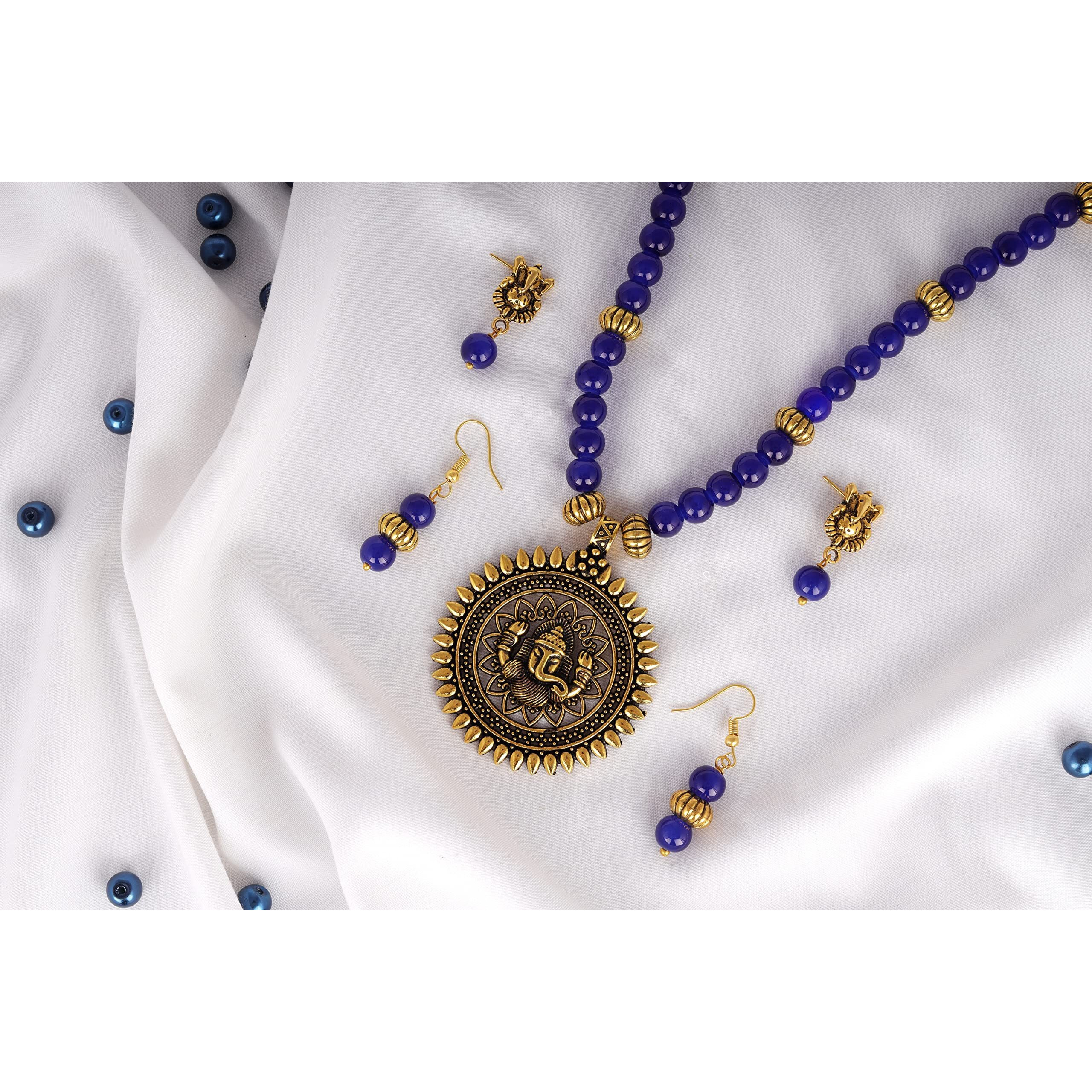 JFL - Jewellery for Less Fashionable Gold Plated Oxidized German Ganesha Beaded Necklace with 2 pair of Earrings Set for Women and Girls(Navy Blue),Valentine