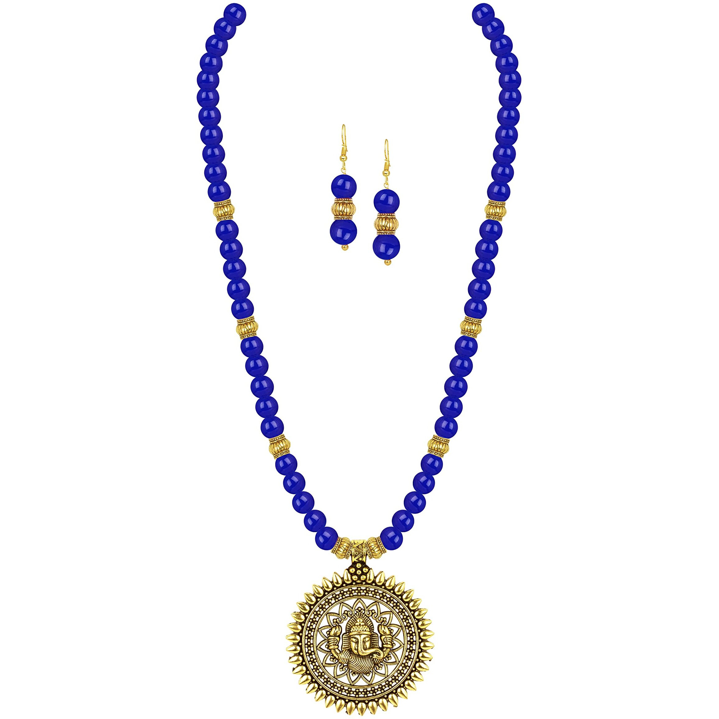 JFL - Jewellery for Less Fashionable Gold Plated Oxidized German Ganesha Beaded Necklace with 2 pair of Earrings Set for Women and Girls(Navy Blue),Valentine